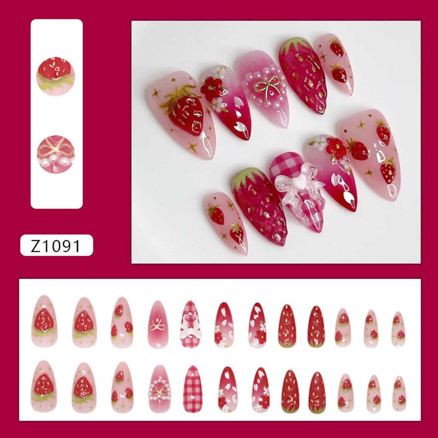 24Pcs Strawberry Flower Press on Nails Medium Almond Fake Nails Cute Floral Strawberry False Nails 3D Heart Pearls Bow Charms Designs Pink Gradient Glossy Stick on Nails Acrylic Nail for Women