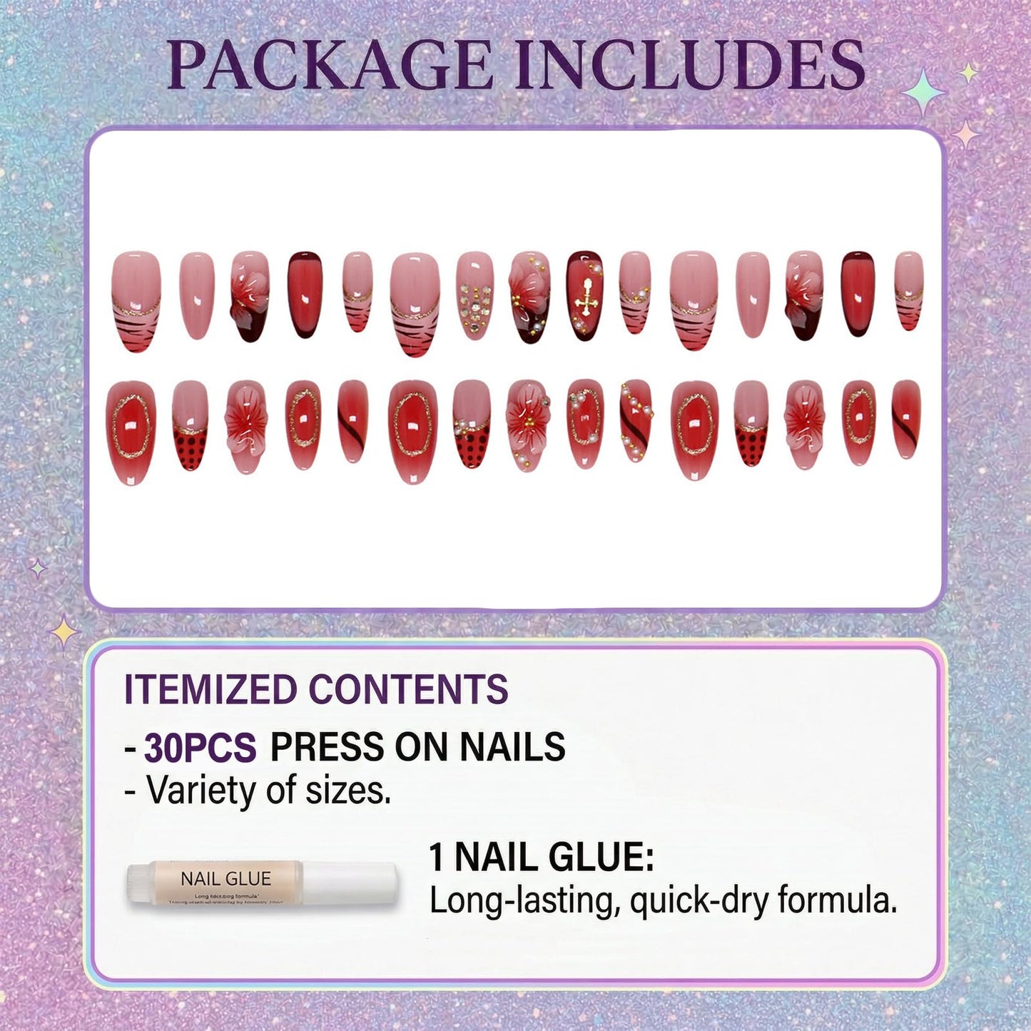 IMRAIN Almond Press on Nails, Medium Fake Nails, Peach Jelly 3D Flower Burgundy French, 30 Pcs Reusable Glue on Nails for Women, Salon Quality