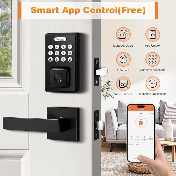 Probrico Keyless Entry Door Lock with Handle, Smart Locks for Front Door, Black Keypad Door Lock with Handle Fingerprint Lock, Electronic Keypad Deadbolt Lever, App Control, Auto Lock