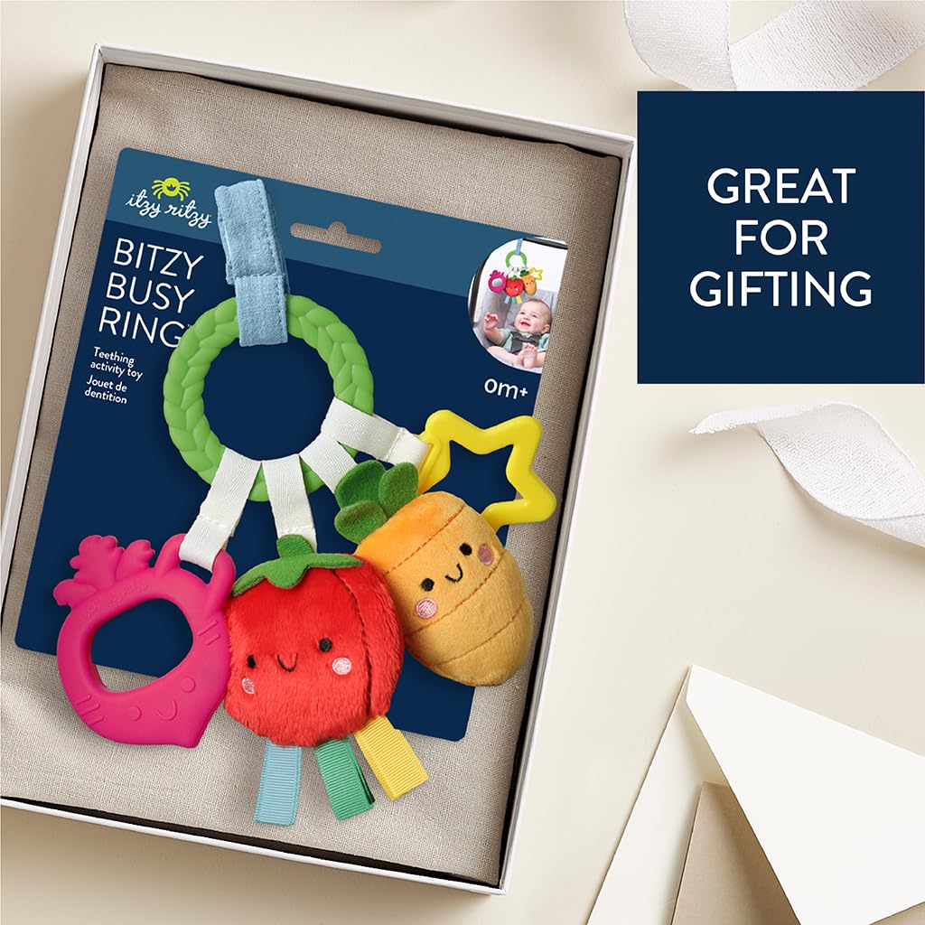 Itzy Ritzy Teething Activity Toy - Bitzy Busy Ring Infant Teething Toy Features Braided Ring & Dangling Toys, Includes Teether, Ribbons, Crinkle Sound & Jingle Bell - 0 Months & Up (Veggie)