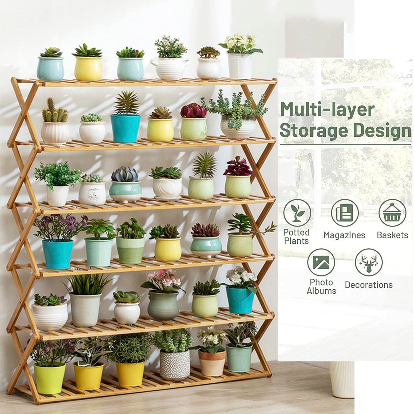 Tall Plant Stand No Assembly Required 6-Tier Foldable Bamboo Plants Shelves for Indoor Outdoor, Large Capacity Flower Pot Holder for Multiple Plants for Living Room, Patio, Balcony, Office