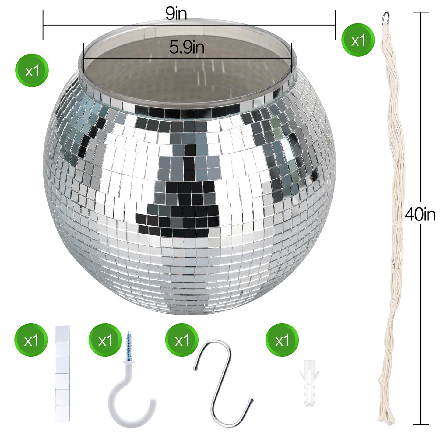 FGBNM Disco Ball Planter, 1pcs 9” Silver Disco Ball Planter, Disco Ball Plant Hanger with Hanging Rope, Hanging Chain, Hook, Circle and Extra Mirror Pieces