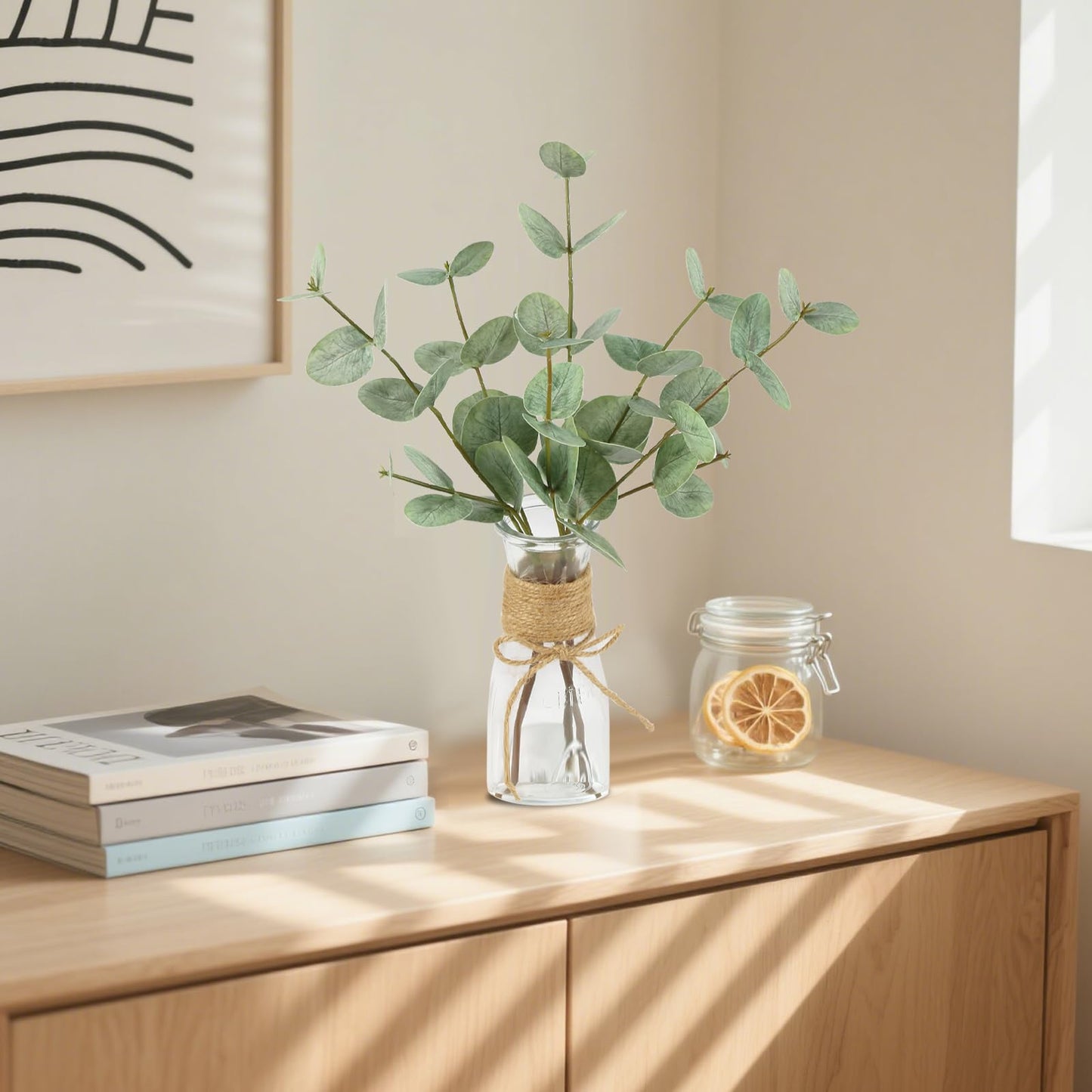 YIFYBY Artificial Eucalyptus Stems in Glass Vase with Faux Water, 15’’ Fake Plant Double-Sided Green Eucalyptus Leaves for Home Table Centerpiece Bathroom Farmhouse Decor(Green)