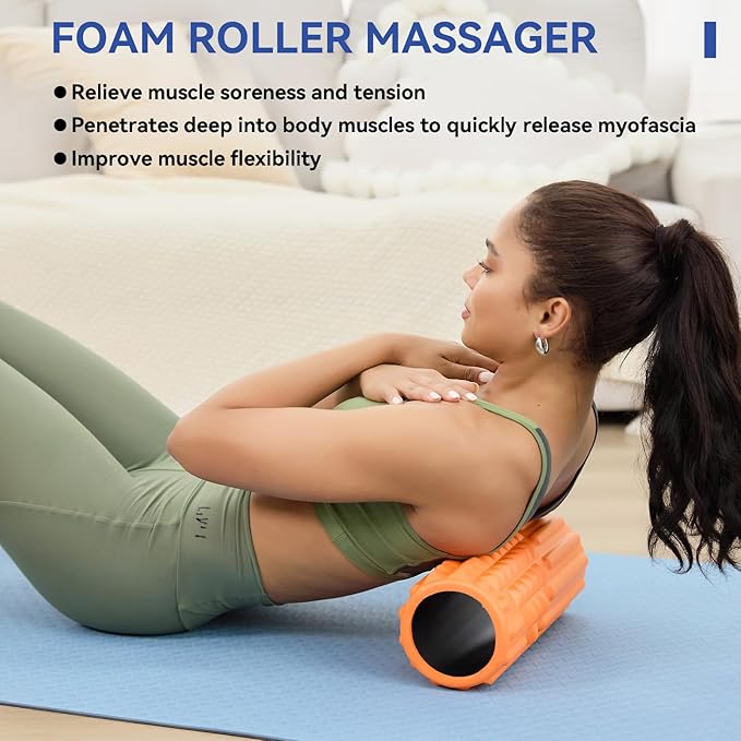 5 in 1 Foam Roller Set - Massage Roller Back Roller Foam, Muscle Roller Stick, Massage Ball, Resistance Band for Physical Therapy & Deep Tissue Muscle Massage (Orange)