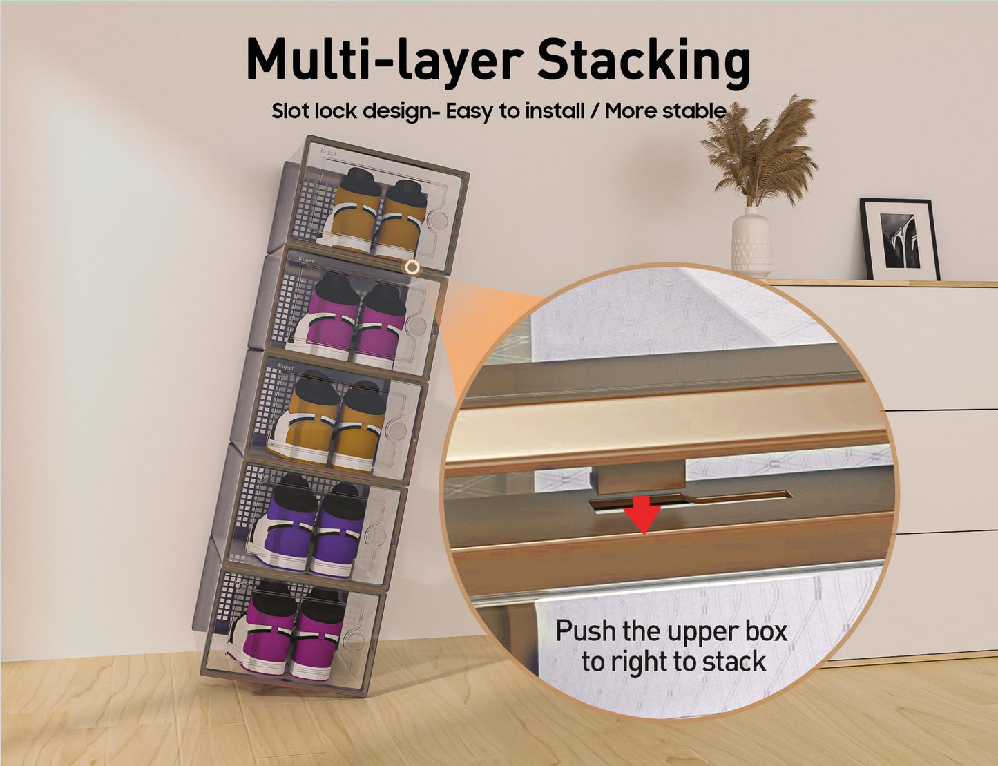 Kuject X-Large Shoe Storage Boxes Organizers for Closet 12 Pack, Fit Size 11,Clear Plastic Stackable Sneaker Containers for Entryway, Space Saving Shoe Rack, Brown