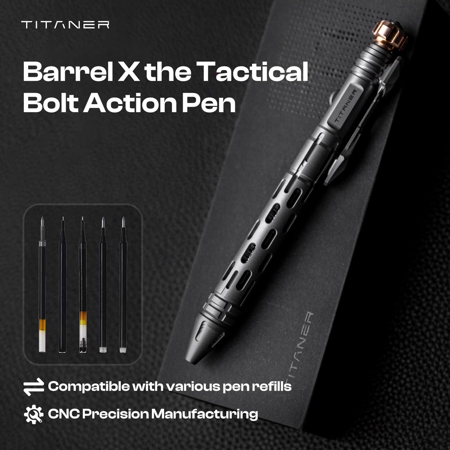 Titaner Barrel X the Titanium Tactical Bolt Action Pen - EDC Pen with 30s Meditation Gyro, Ceramic Attack Head, G2 Refill Compatible,Assemblable 16 Glow Slots for Stress Relief & Outdoor Survival