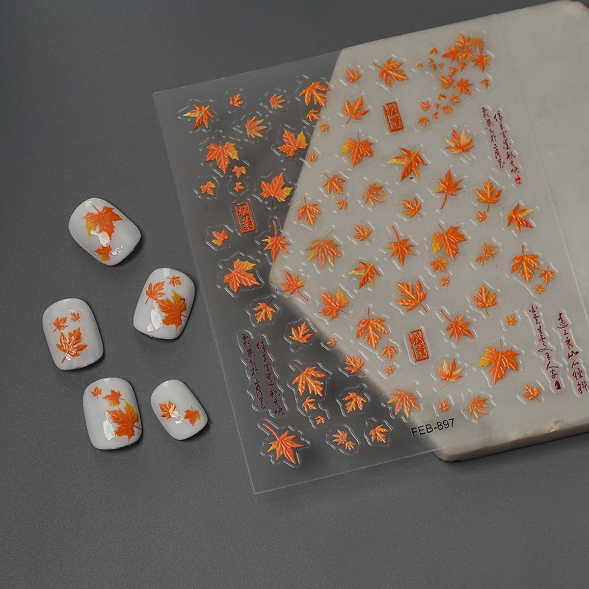 2 Sheets Fall Maple Leaves Nail Art Stickers 5D Embossed Self-Adhesive Nail Decals Autumn Maple Leaf Nails Supplies Thanksgiving Day Nail Designs Stickers for Women DIY Manicure Accessories