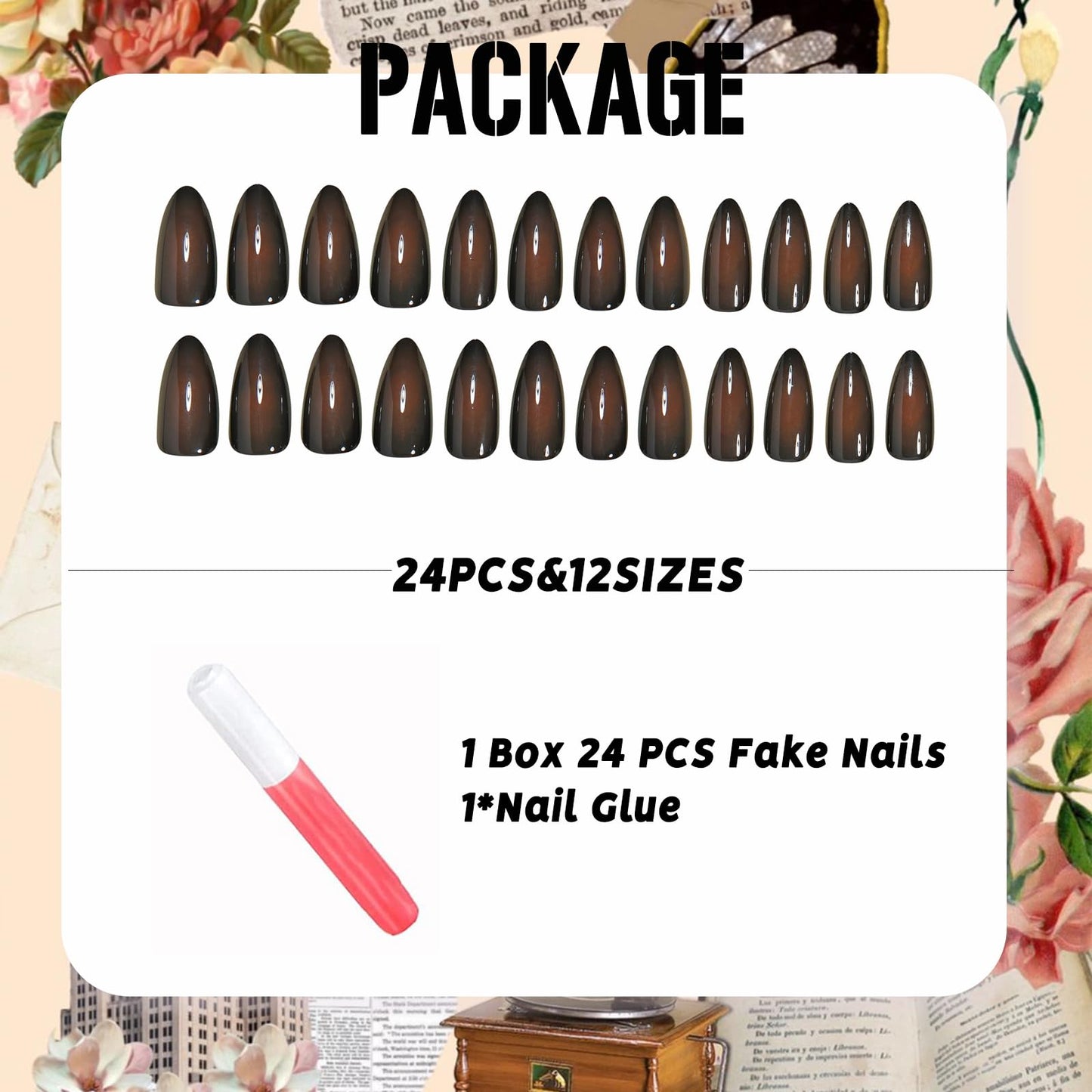 IMSOHOT Press on Nails Almond Medium Fake Nails Black Brown Ombre False Nails Glossy Full Cover Stick on Nails for Women 24Pcs