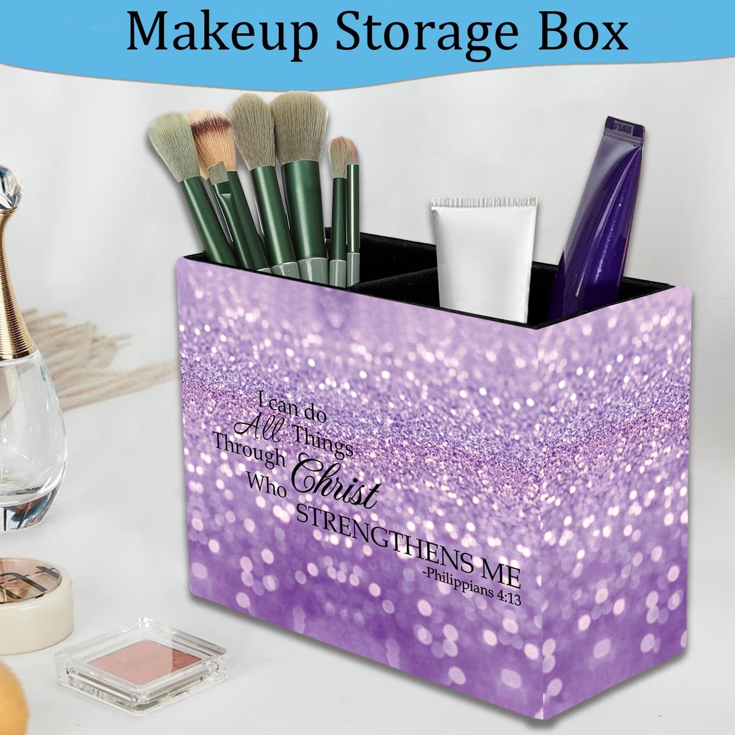 Pen Holder and Anti-Slip Mouse Pad Combination, Makeup Brush Storage Box, Tableware Storage Box, Suitable for Office and Home - Purple Glitter Quote Philippians 4-13