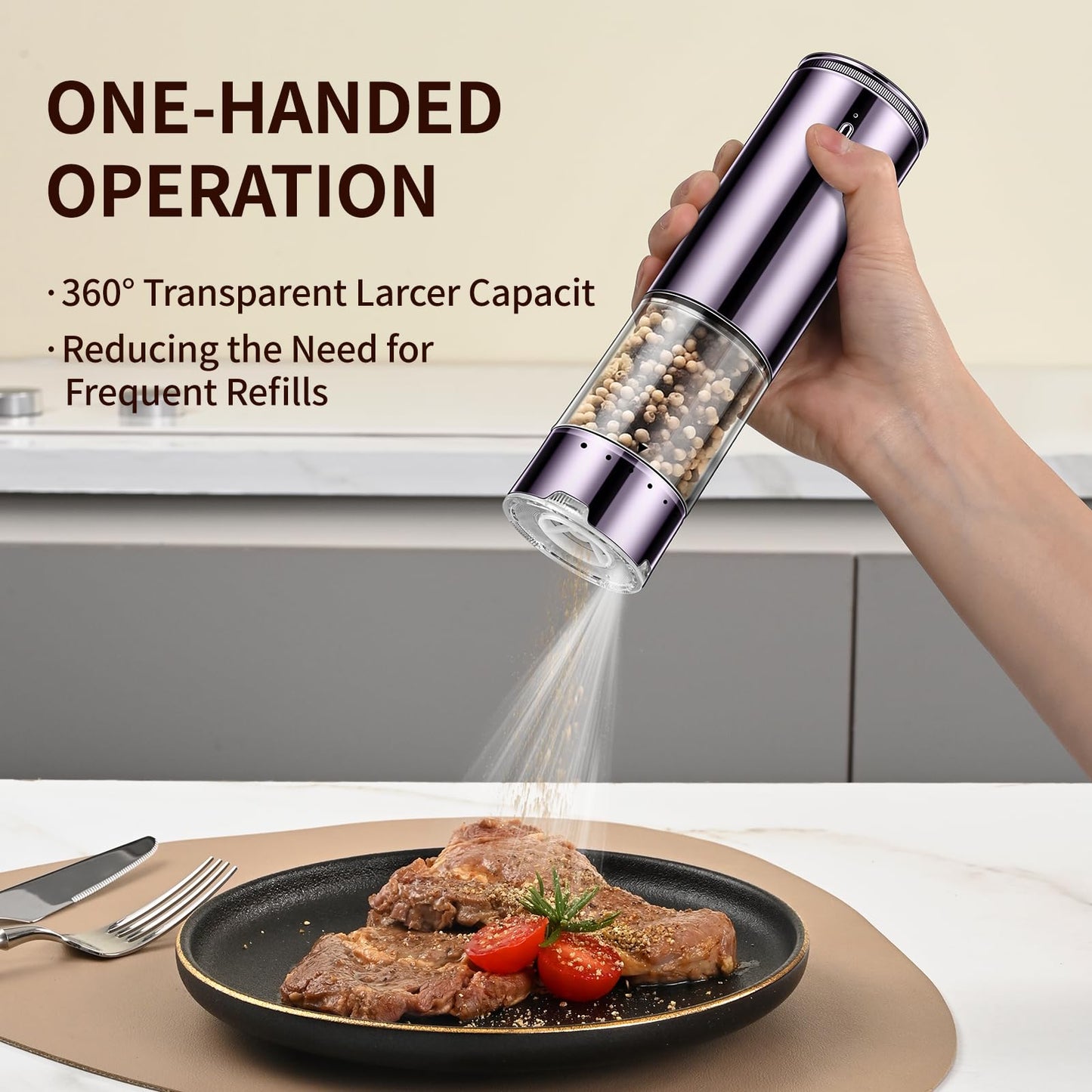 JASUNMI Rechargeable Salt & Pepper Grinder Set - Electric Automatic Grinder, Adjustable Coarseness, LED Light, One-Hand Operation, Stainless Steel & Acrylic, USB Charging, Purple (Set of 2)