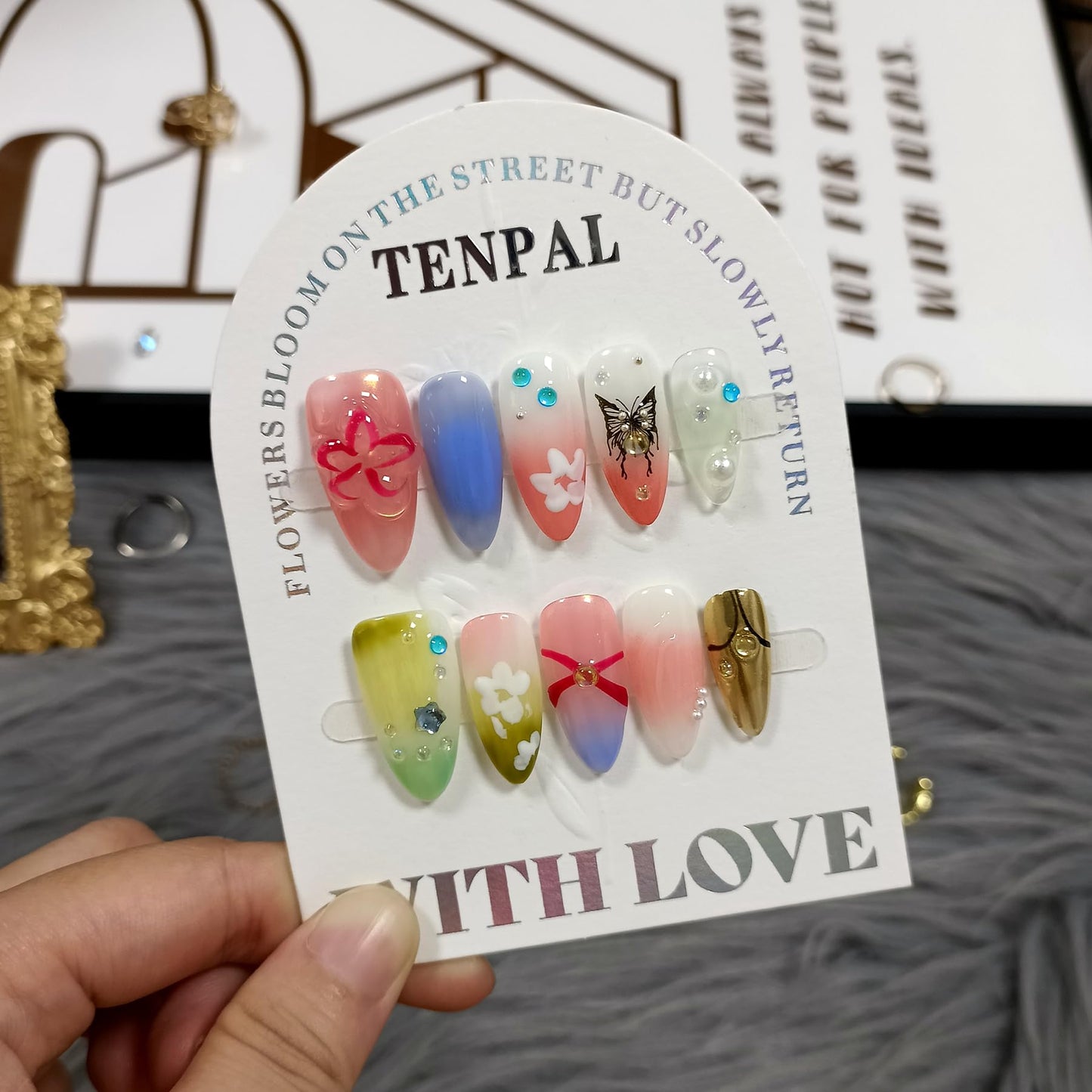 TENPAL Colorful Almond Nails,Handmade Press on Nails,Glossy Pink Green Purple Soft Gel Finished with Flower Butterfly Pattern,Acrylic Glitter Butterfly Nails For Summer(S)