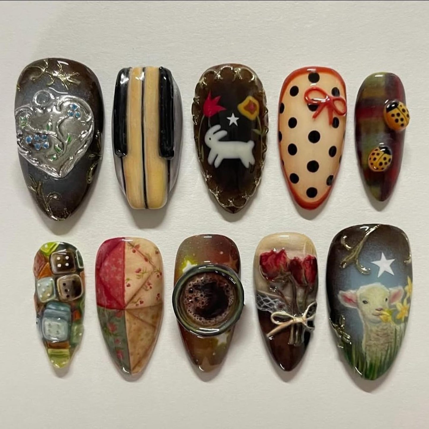 IMRAIN Press on Nails Medium Almond Fake Nails with Rose, Lamb Designs Glue on Nails Acrylic Glossy Full Cover False Nails for Women