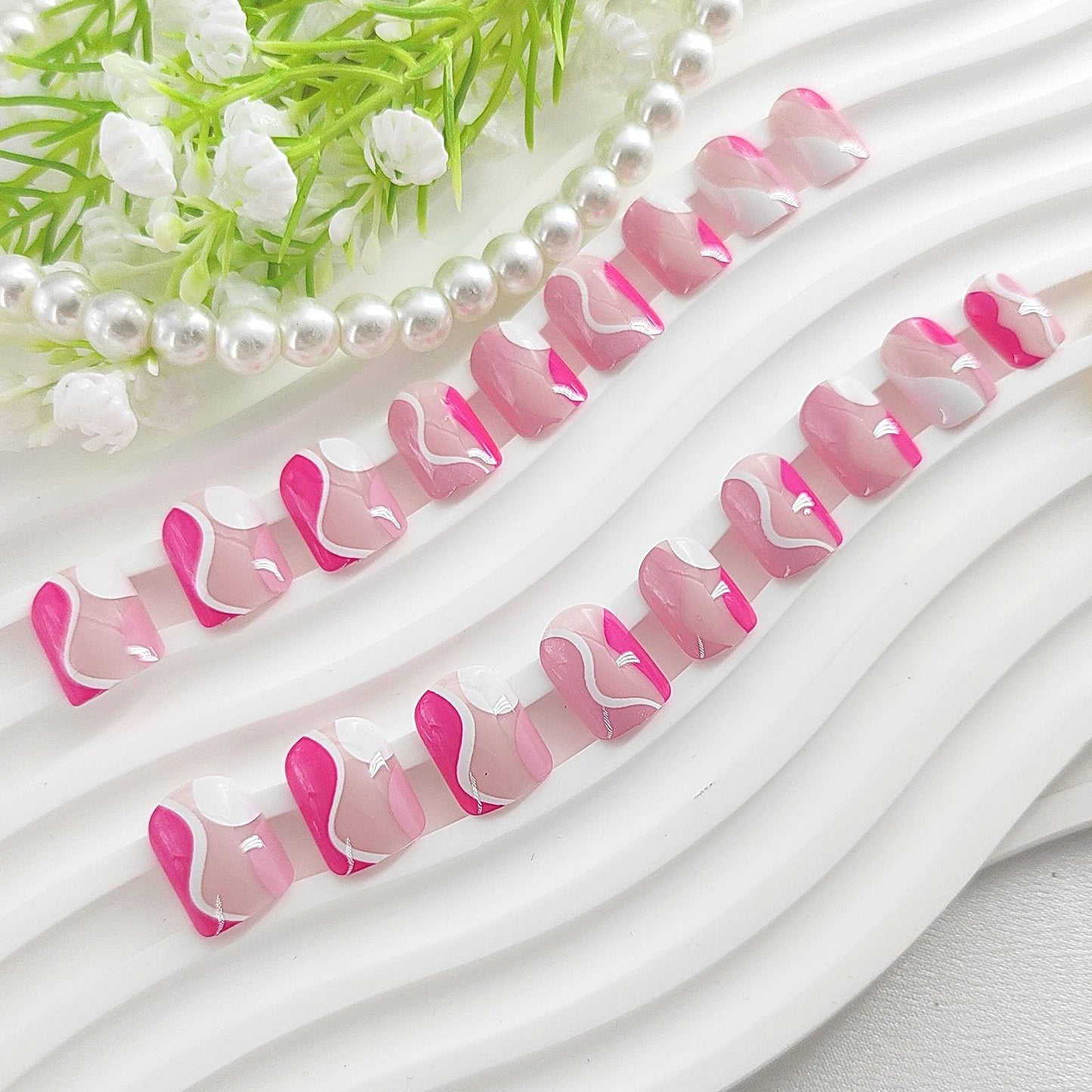 Square Press on Nails Short False Nails Rose Red with White Curve Glue on Nails Nude Full Cover Fake Nails Press ons Glossy Acrylic Nails Artificial Stick on Nails for Women 24Pcs