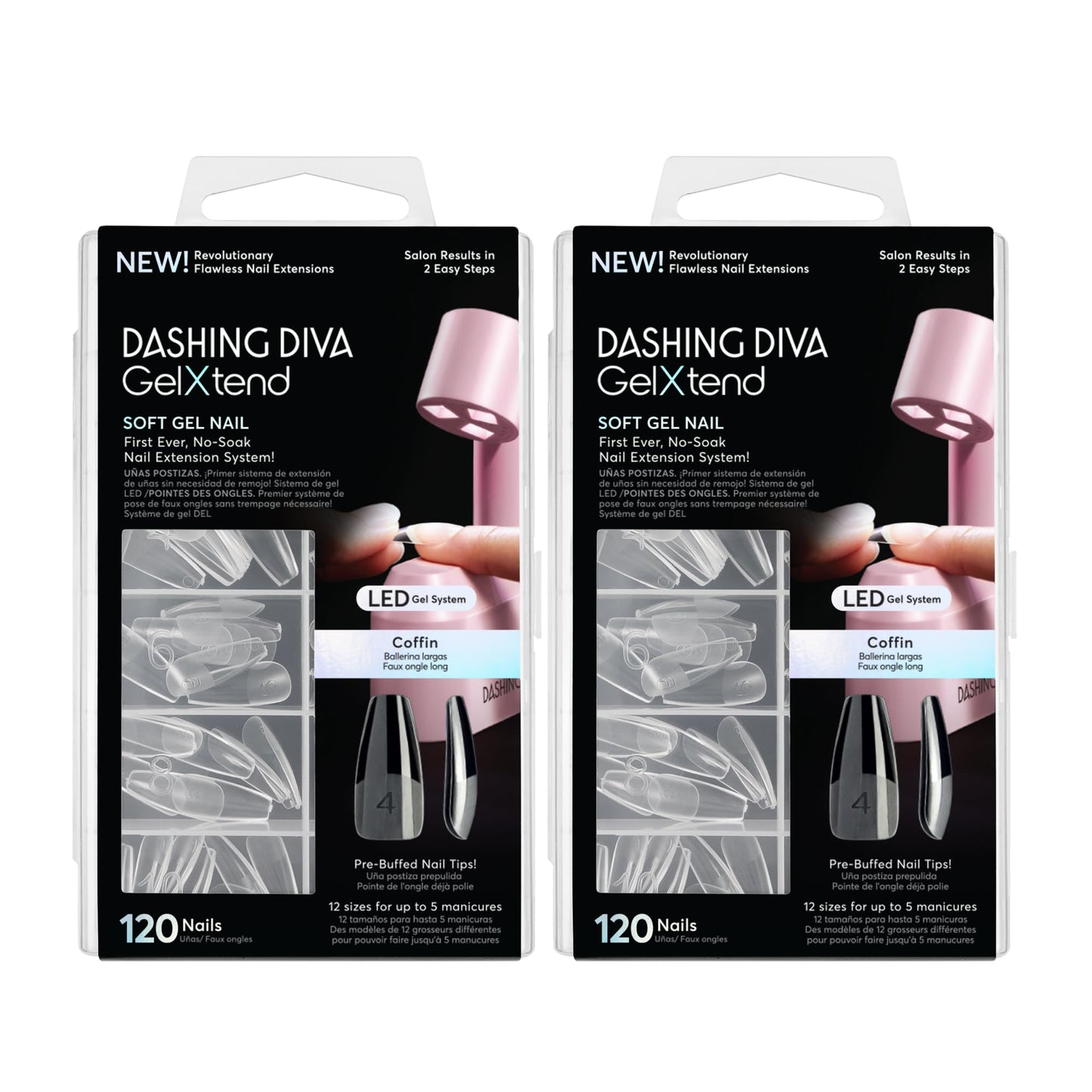 Dashing Diva GelXtend Nail Tips, 2 Pack - Clear, Long Length Coffin - Acrylic Nails with LED Glue - Lasts Up to 14 Days - False Nails - No-Soak, Easy Removal