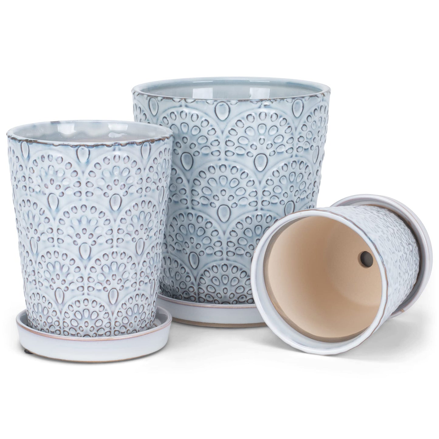 Napco Embossed Scallops White Ceramic Flower Pot Planter with Saucer Set of 3