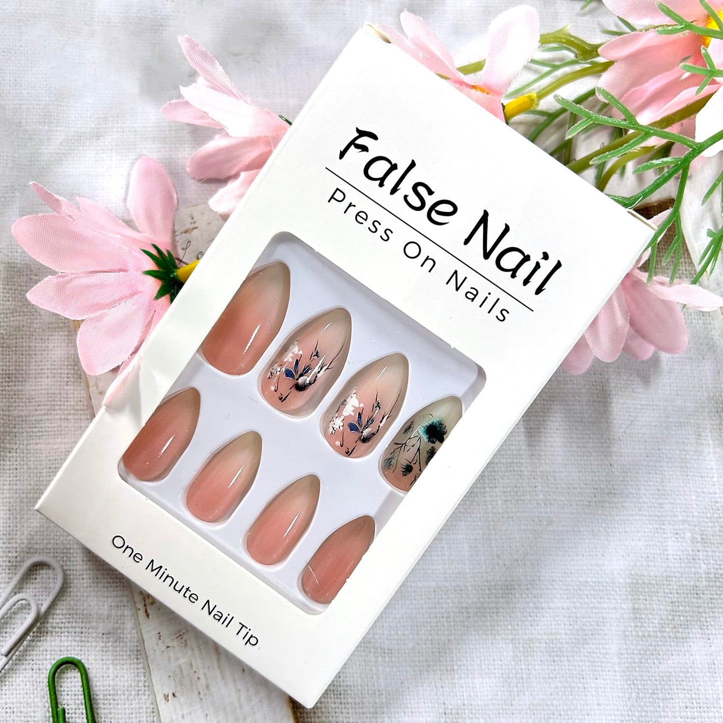 CJDLTS 24Pcs Almond Tip Acrylic Fake Nail Pink White Gradient Press on Nails Medium Length Blue Flower Pattern Design Full Cover Glossy Artificial Fingernails Summer Acrylic Stick on Nails for Women
