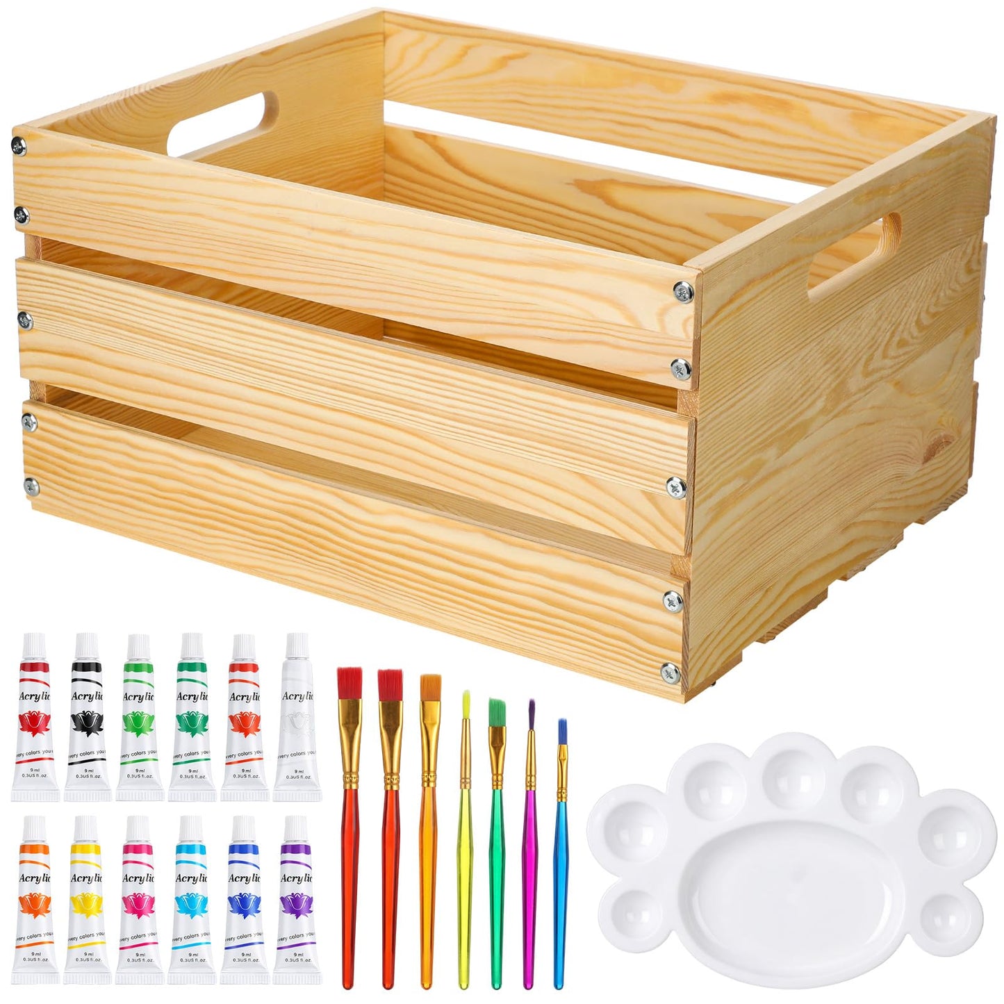 Youyole DIY Summer Bikini Box Large DIY Wood Crate for Crafts Unfinished Wood Crate Box with Paint Set for Storage Display Rustic Farmhouse Beach Party Decor, 16" x 13" x 8.7"
