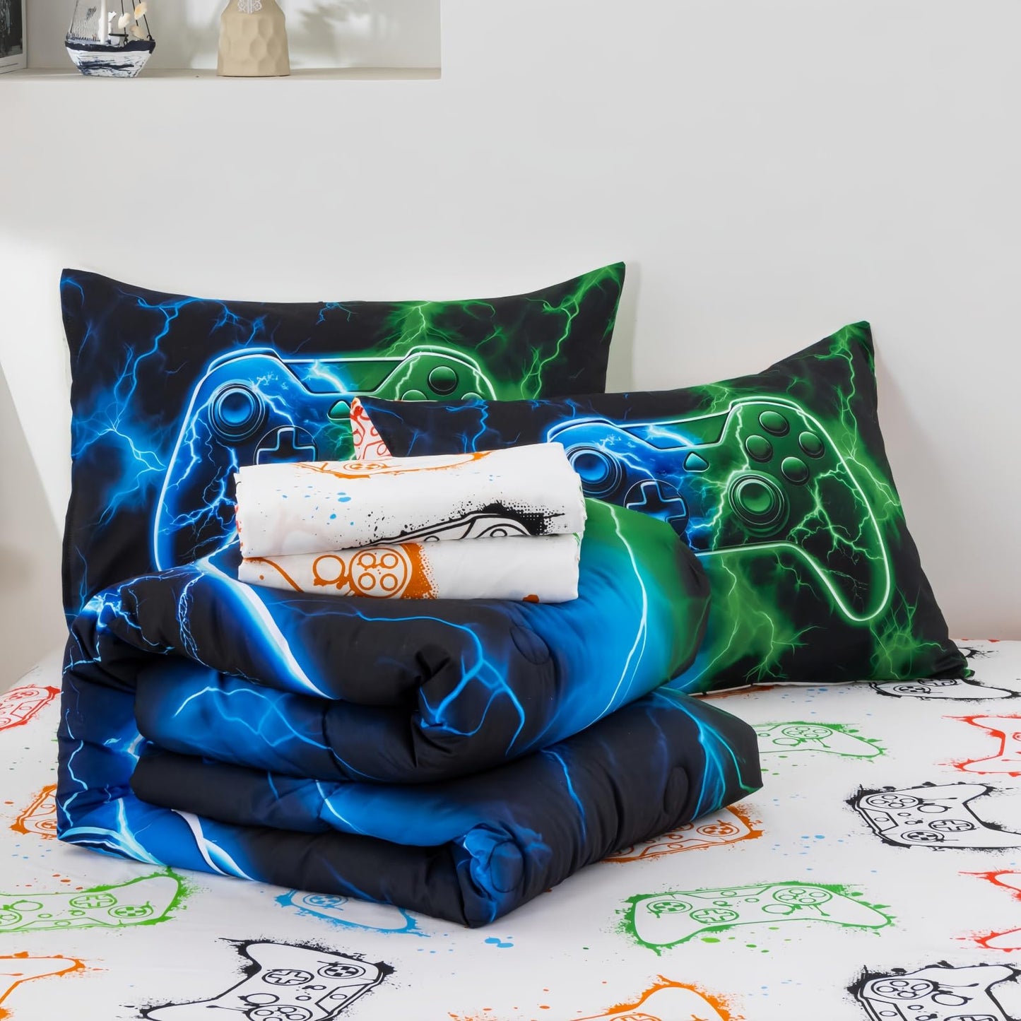 Meeting Story Gaming Bedding Set Twin, 3D Game Controller Design Twin Comforter, Gamer Themed Bedding Set for Boys, Suitable for All Seasons(Bluegreen)
