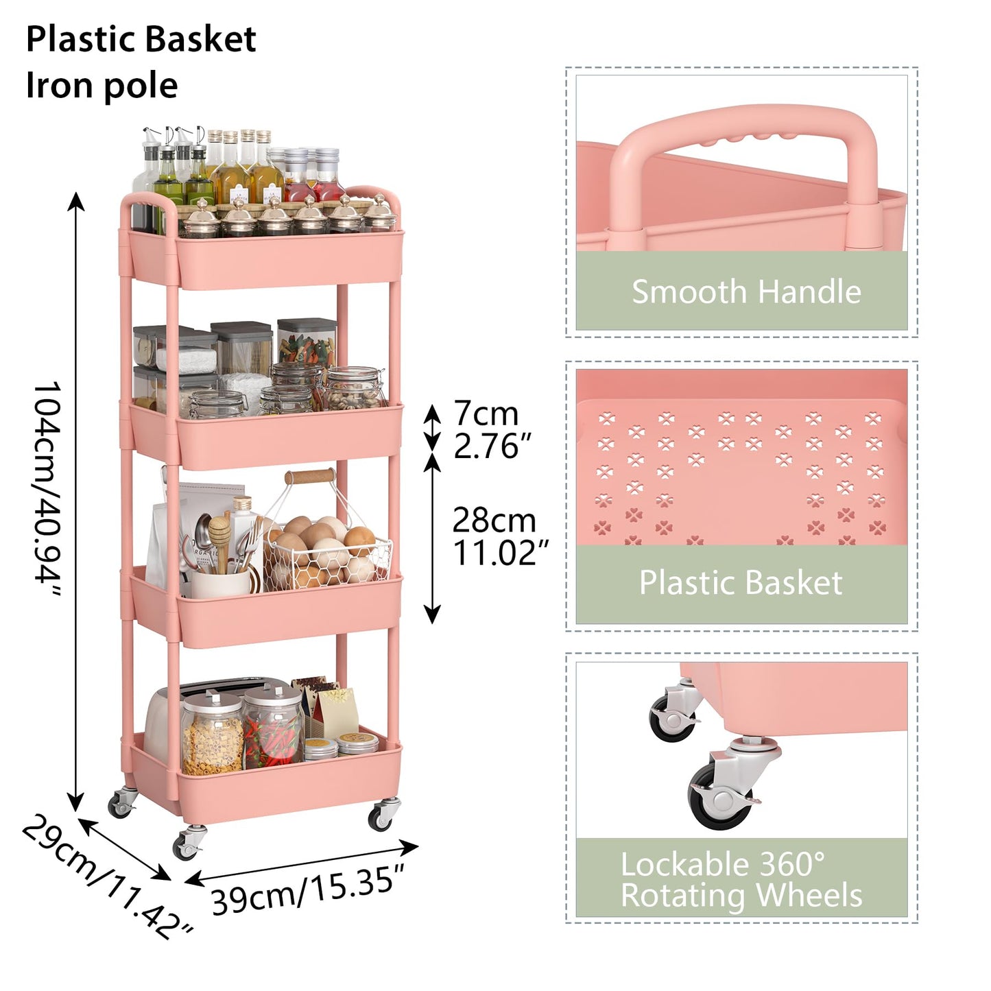 Sywhitta 4-Tier Plastic Rolling Utility Cart with Handle, Multi-Functional Storage Trolley for Office, Living Room, Kitchen, Movable Storage Organizer with Wheels, Pink