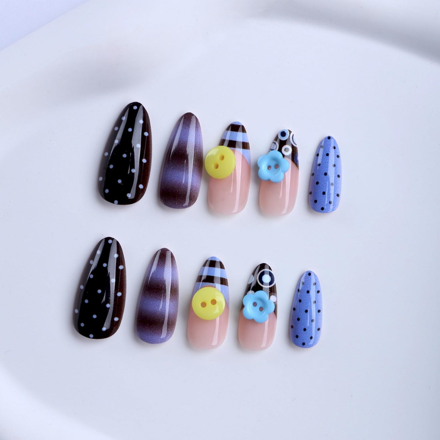 Long Press on Nails Almond Fake Nails Multicolor Artificial Nail Button Flower Polka Dot Purple Beach Glossy Stick on Nail Retro Cute Salon Look for Women 24pcs