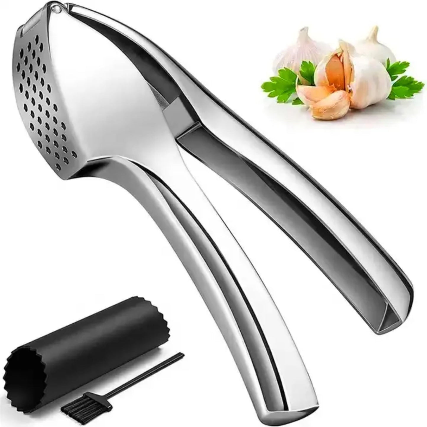 Garlic Press, Garlic Peeler and Cleaning Brush as 1 Set, Heavy Duty and Rust Proof Garlic Press Made of 304 Stainless Steel for Home and Kitchen Tools, Easy to Use & Dishwasher Safe