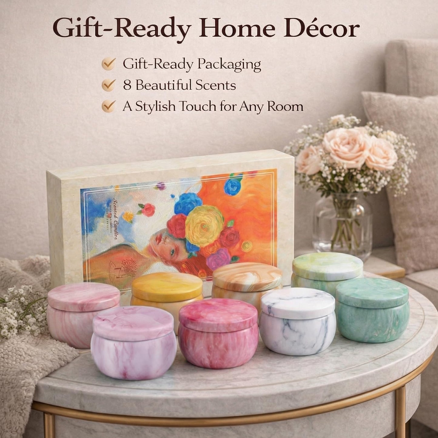 Aromatherapy Candle Gift Set for Women, 8 Pack Fruity Floral Soy Wax Candles, Artist-Designed Gift Box