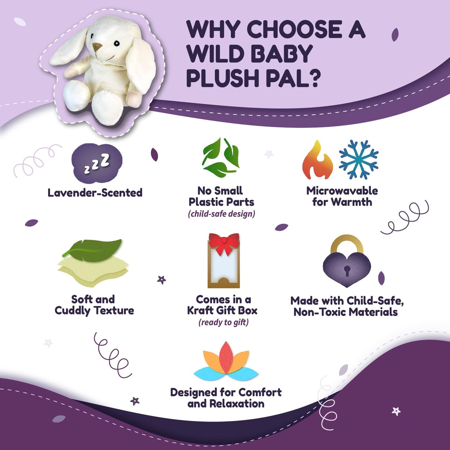WILD BABY Microwavable & Weighted Plush Toy - Rabbit Stuffed Animal for Comfort & Warmth - Soft, Heatable Plushie for Snuggles - Great for Kids, Toddlers & All Ages