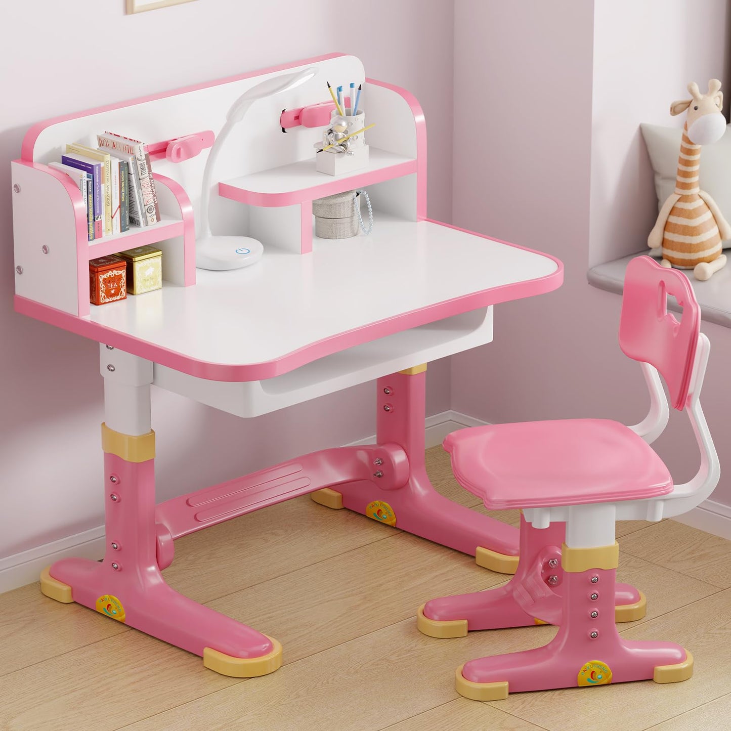 Xaperexi Kids Desk and Chair Set, Height Adjustable Child's School Study Writing Tables, Kids Desk with Bookstand and Storage Drawer, Widened Desktop with Desktop for Boys and Girls