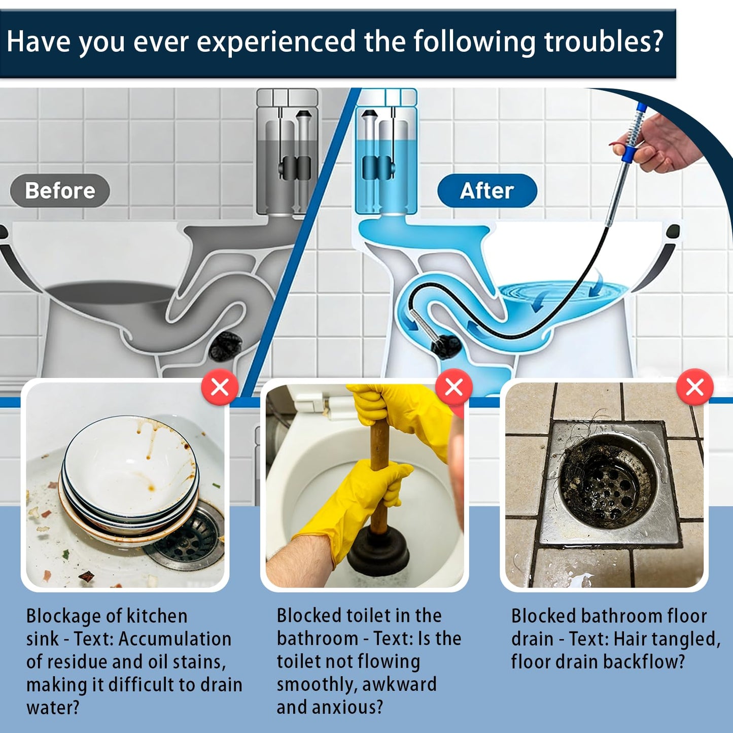 Drainage Snake, Drainage Cleaner, and Hair Removal Tool - Upgraded Version With Easier Pressing, Suitable for Toilet Unclogging, Sink, Shower, Flexible Drainage Snake - (23 inches, 79 inches)