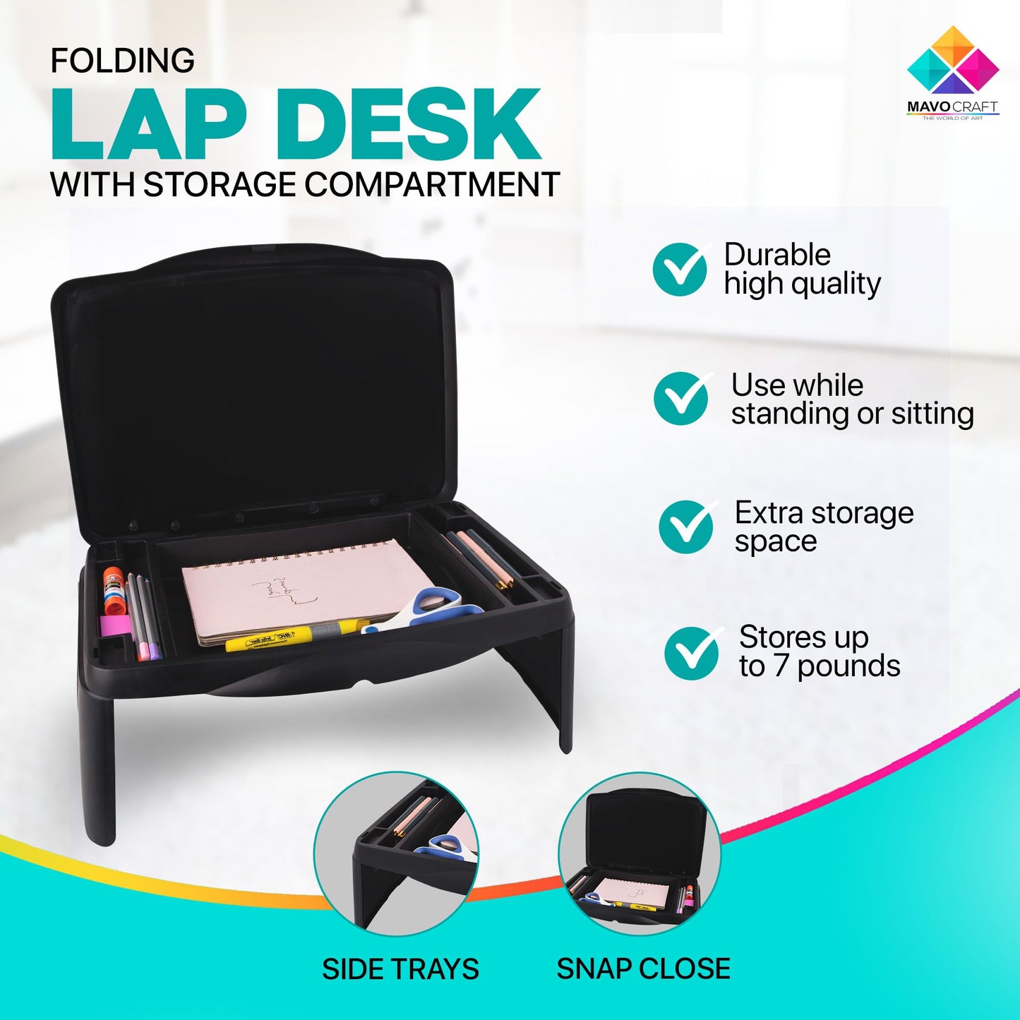 MAVOCRAFT Foldable Kids Lap Tray with Storage - Portable Lap Desk Kids & Adults - Kids Lap Desk for Breakfast in Bed, Serving Tray, Car Desk & Gaming (Black)