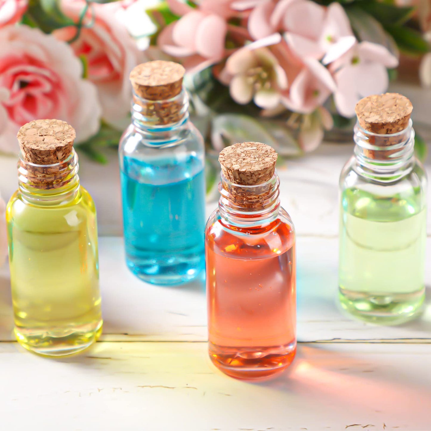 Sabary 50 Packs 1 oz Plastic Sand Art Bottles with Cork Stoppers Mini Vial Potion Bottles Perfume Cork Jar with Mini Funnels for Filling Jar for DIY Craft, Essential Oil, Message, Party Favor