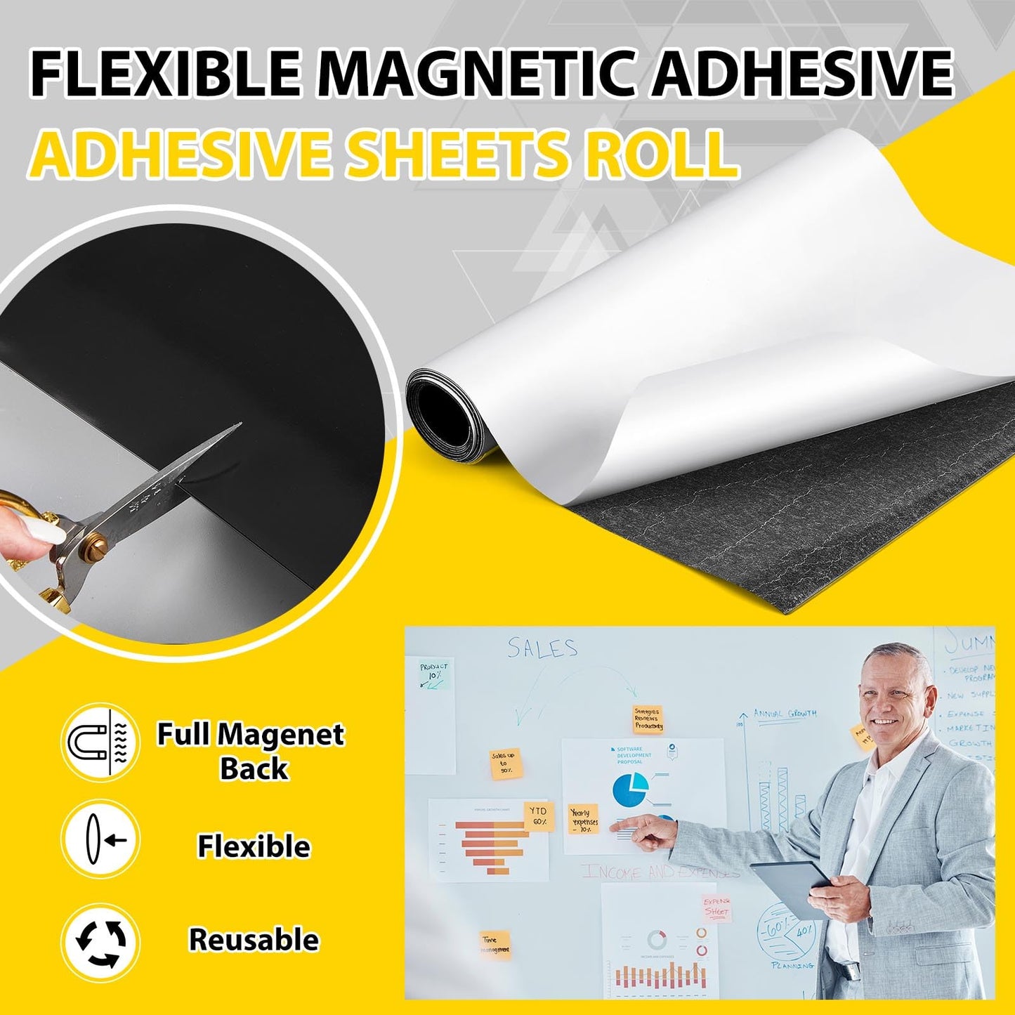 Relaxweex 16 Inch x 5 ft x 30mil Extra Large Adhesive Magnetic Sheet Roll Not Printable Adhesive Backing Cut and Customize Flexible Sheets Blank White Surface Magnetic Sign for Craft Photo Craft