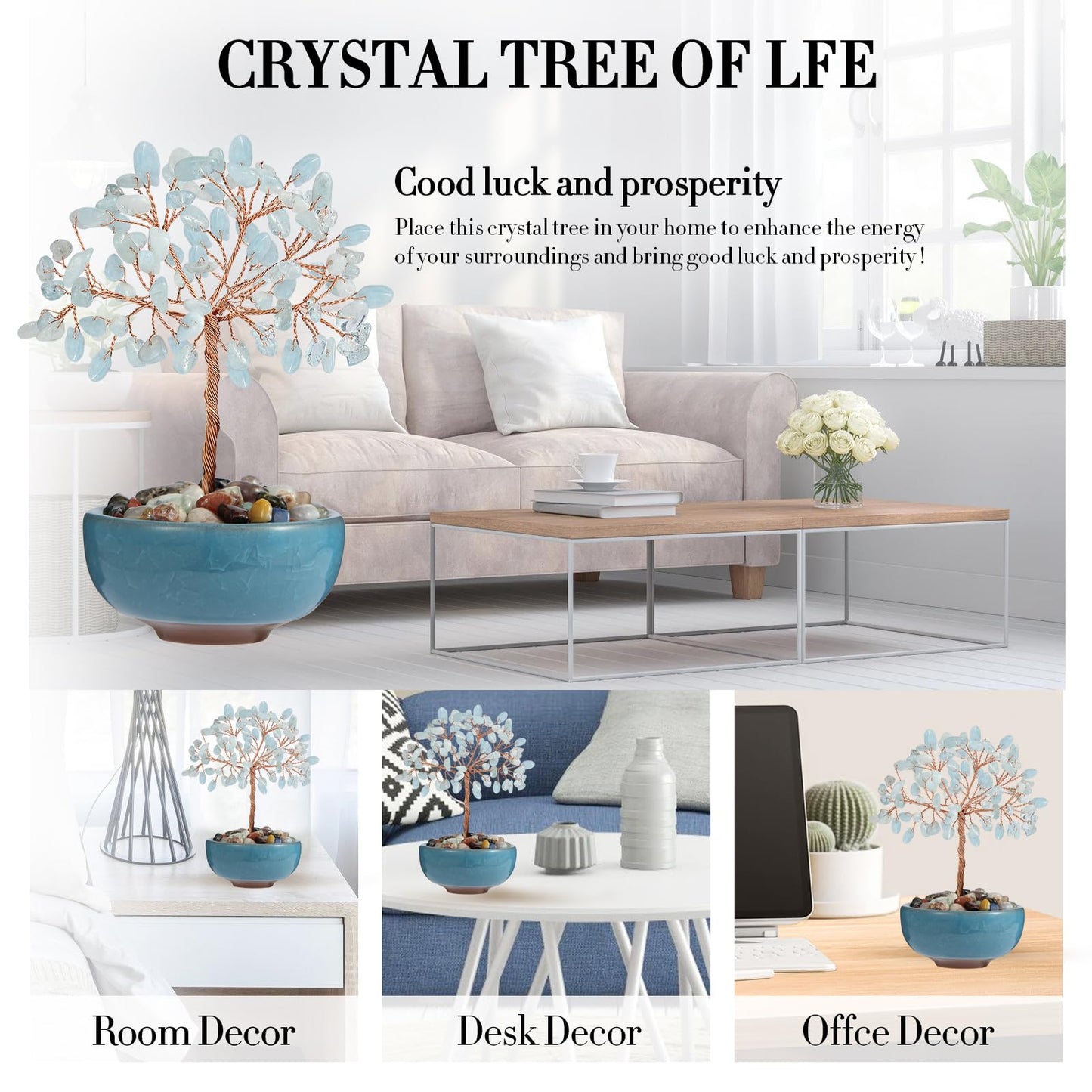 Handcrafted Aquamarine Abundance Tree with Ceramic Base,5 Inch Natural Crystal Feng Shui Bonsai for Prosperity,Harmony & Energy Flow,Premium Healing Stone Decor for Home & Sacred Spaces