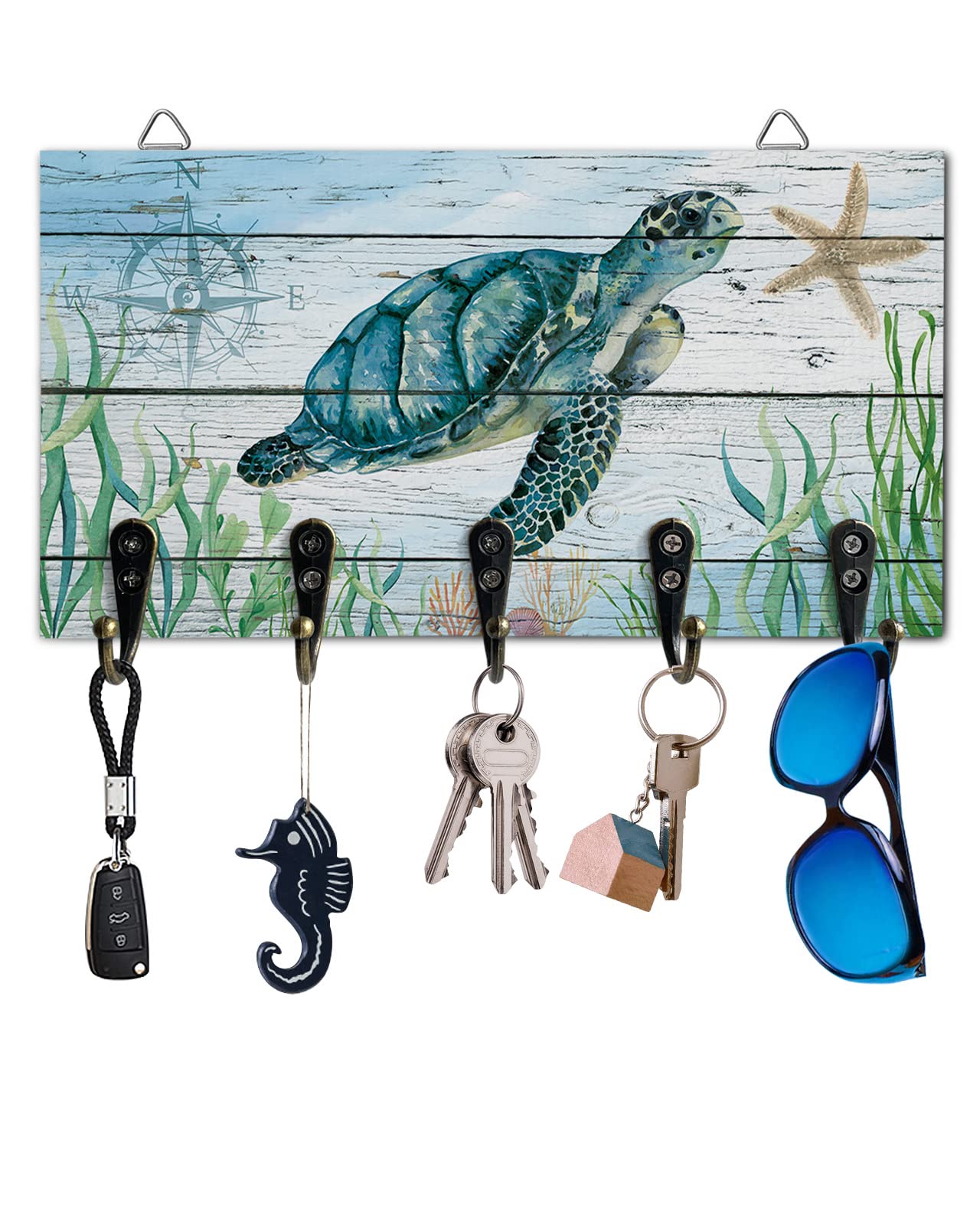 JasmineM Sea Turtle Ocean Key Holder for Wall Decorative, Wood Wall Mounted Key Rack with 5 Key Hooks, Keys Hanger Organizer for Entryway Hallway Office Home Decor, Rustic Wood Beach Starfish