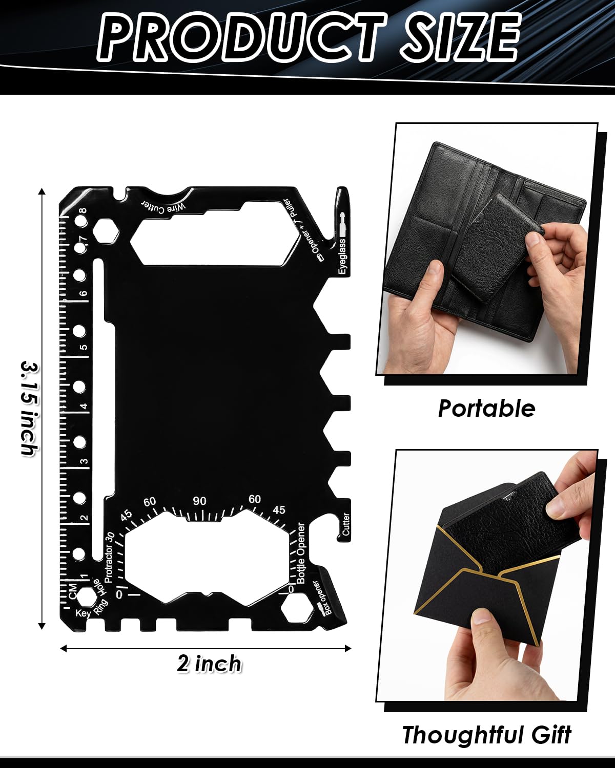 HAYVAN Credit Card Multitool - 12 Set Stainless Steel 46-in-1 Survival Tool Kit, Wallet Multitool Card with Bottle Opener for Camping Outdoor, Bulk Mens Gifts with Gift Envelopes (Black)