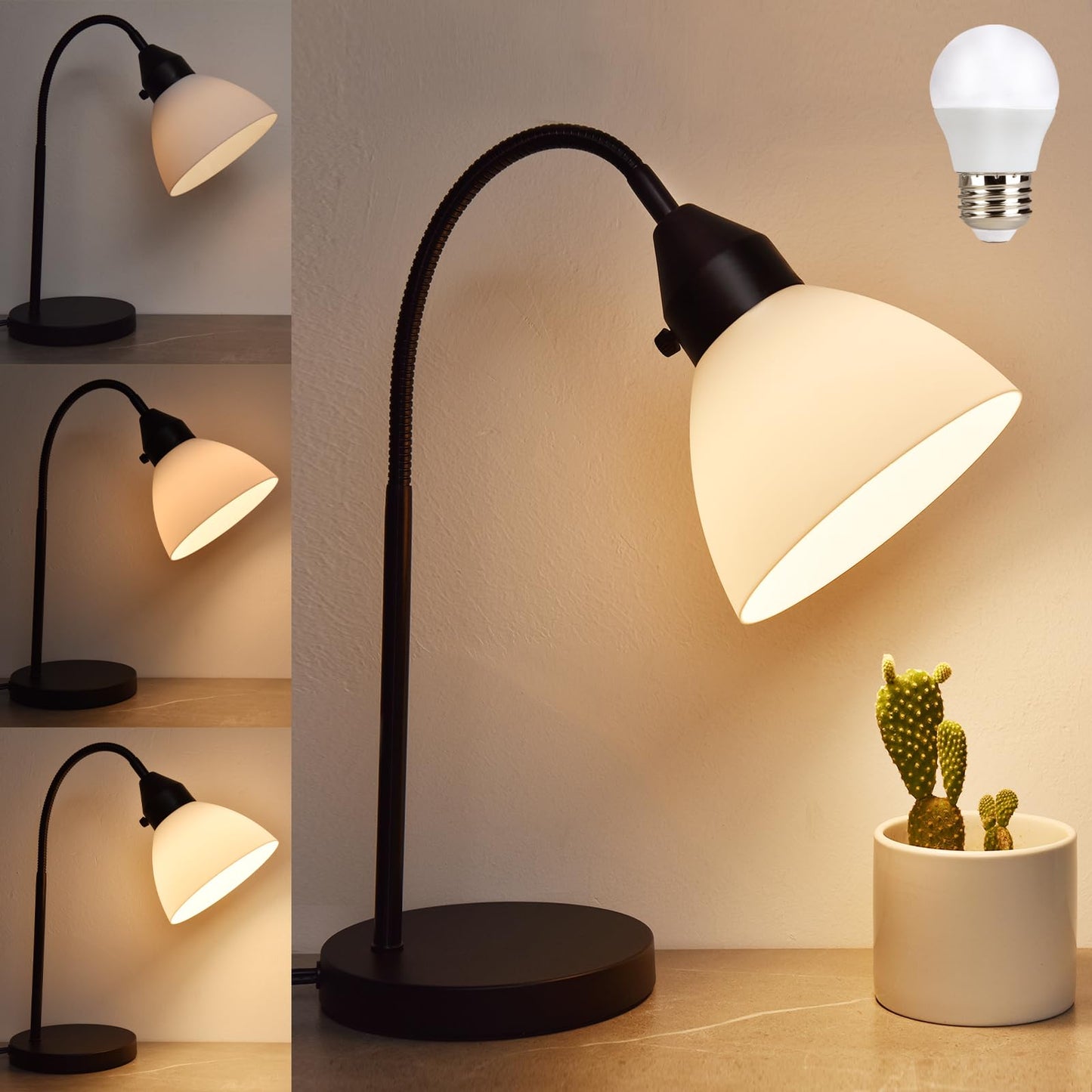 RISLG LED Desk Lamp for Home Office, 3 Levels Dimmable Reading Light, Flexible Table Lamp for Bedside Office, Rotary Switch Control, Desk Lamp for College Dorm Study Lamp, Bulb Included, Black
