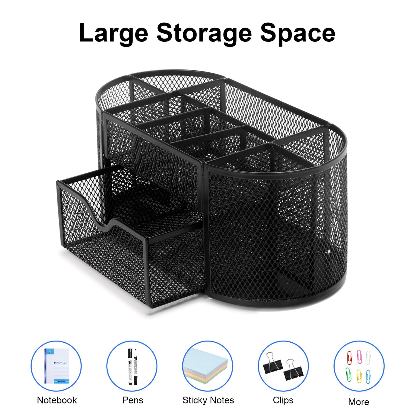 Comix Mesh Pen Pencil Holder Desk Organizer, 8 Compartment and 1 Drawer Wire Desktop Pen Pencil Cup Caddy Office Supplies Accessories for Home Office School, Black