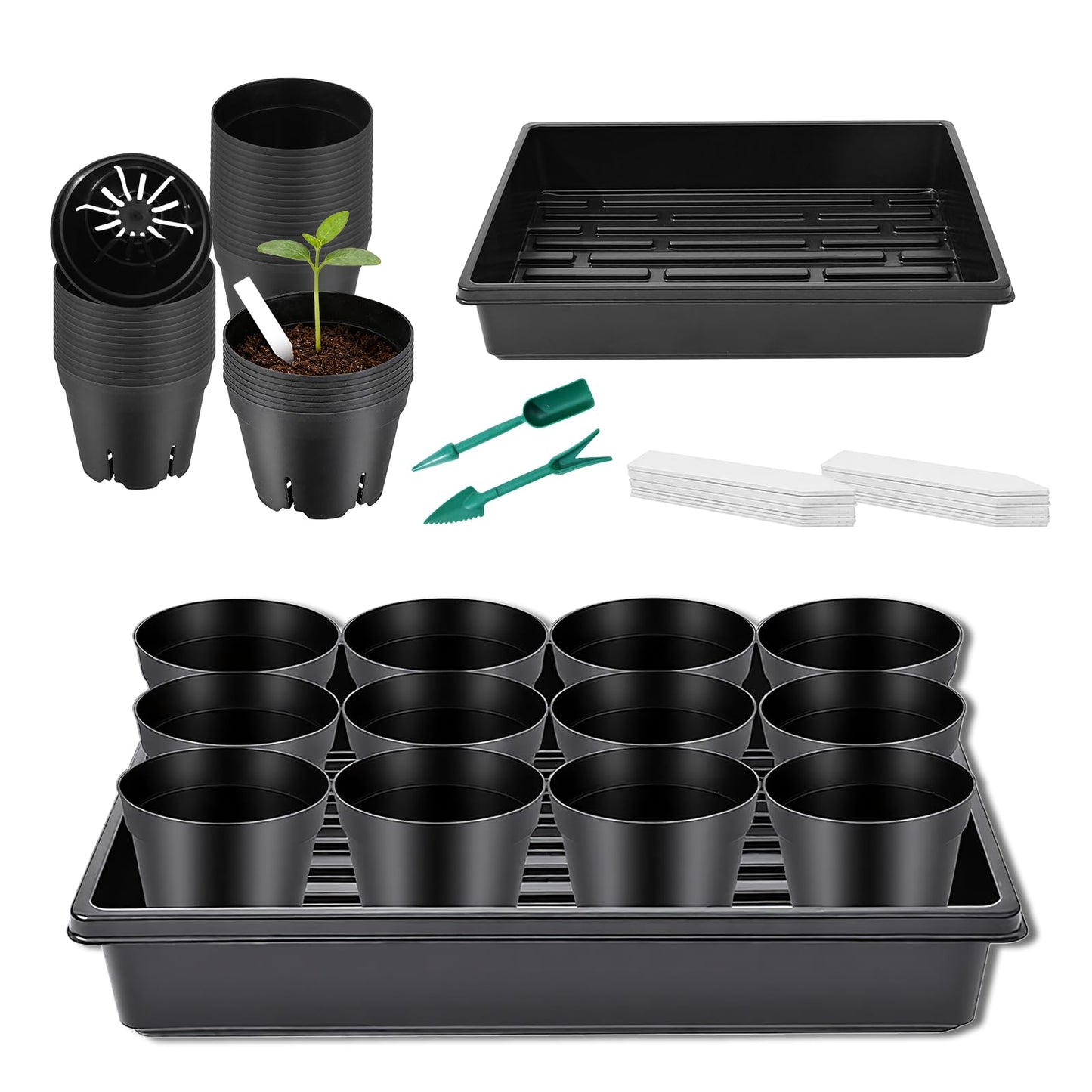 Dualshine Seed Starter Tray Kit - 60-Pack 3.4 Inch Round Nursery Pots with Drainage Holes, 5 Seedling Trays, 100 Plant Labels & 2 Transplanting Tools for Vegetables, Flowers, Herbs Seed Starting