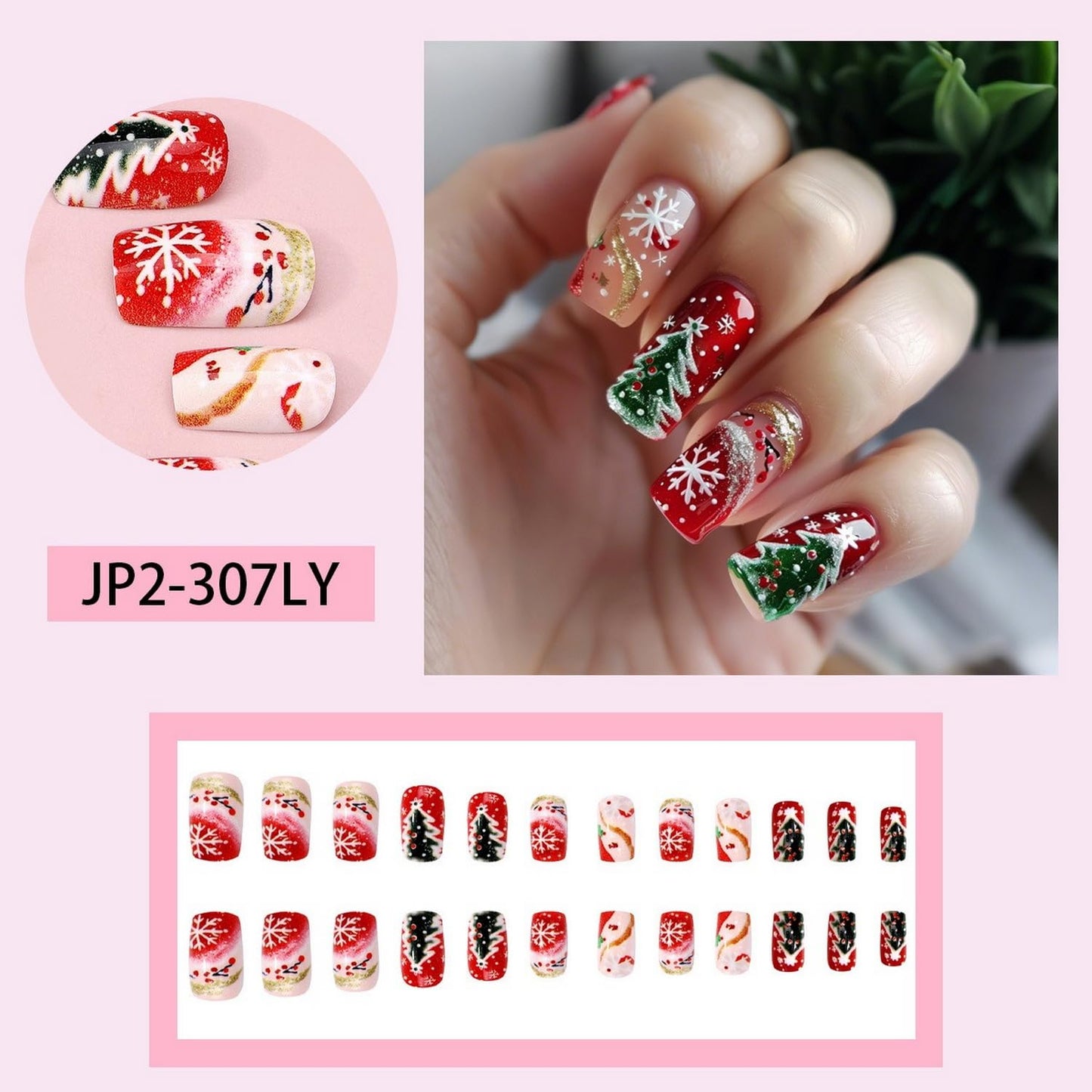 Christmas Press on Nails Medium Square Fake Nails Red with Design Xmas Tree Snowflake Gold Striped Acrylic Nails Full Cover Xmas Nail for Women Manicure 24Pcs