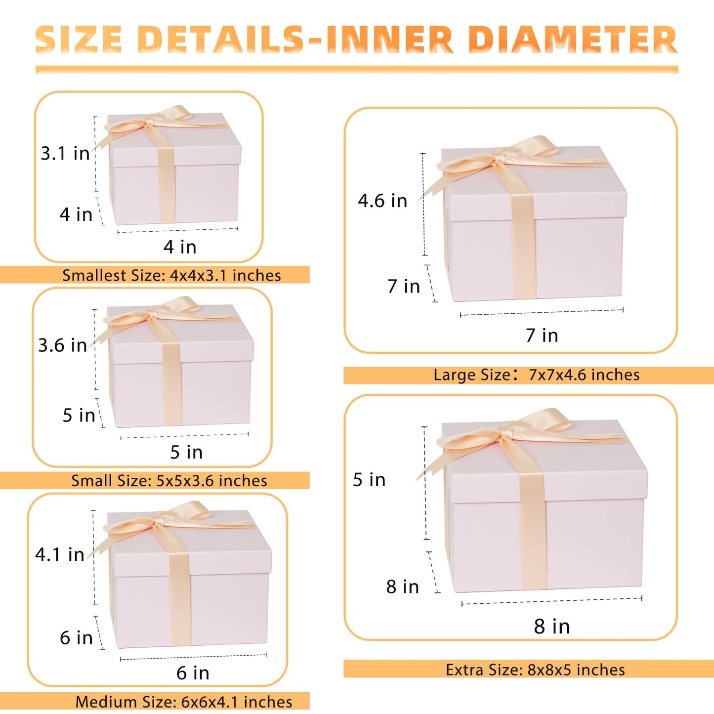 5 Pack Large Square Nesting Gift Boxes with Lids for Presents, 4"-8" Pink Stacking Gift Box with Ribbon Card for Wedding Birthday Party Valentine Christmas