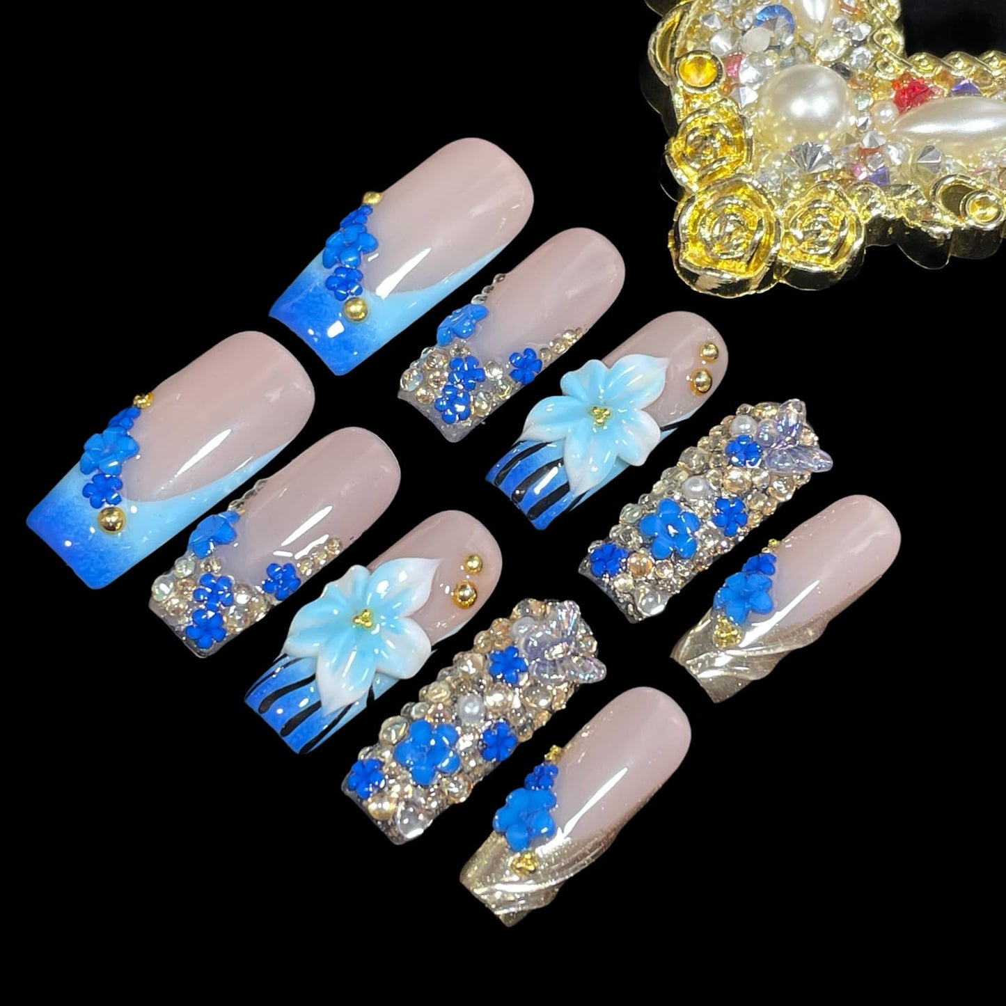 Handmade 3D Floral Press On Nails, Medium Long Square Shape, Blue Gradient with Rhinestones, Gold Beads, Reusable Acrylic False Nails (Blue enchantress, L)