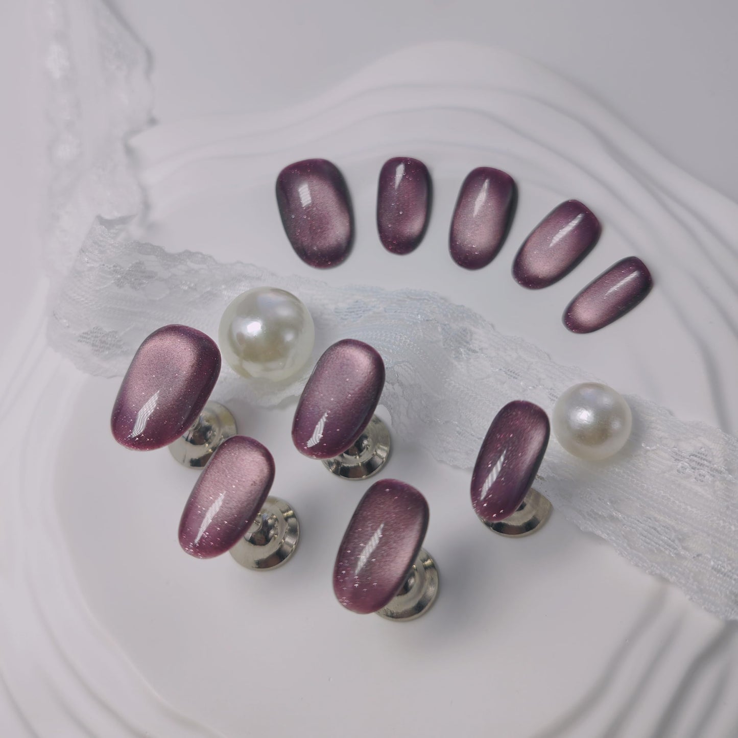 Cat Eye Press on Nails Handmade Short Oval/Square/Round False Nails with French Tip/Aurora/Magnetic Shimmer Designs (Shimmer#Oval Plum, Medium)