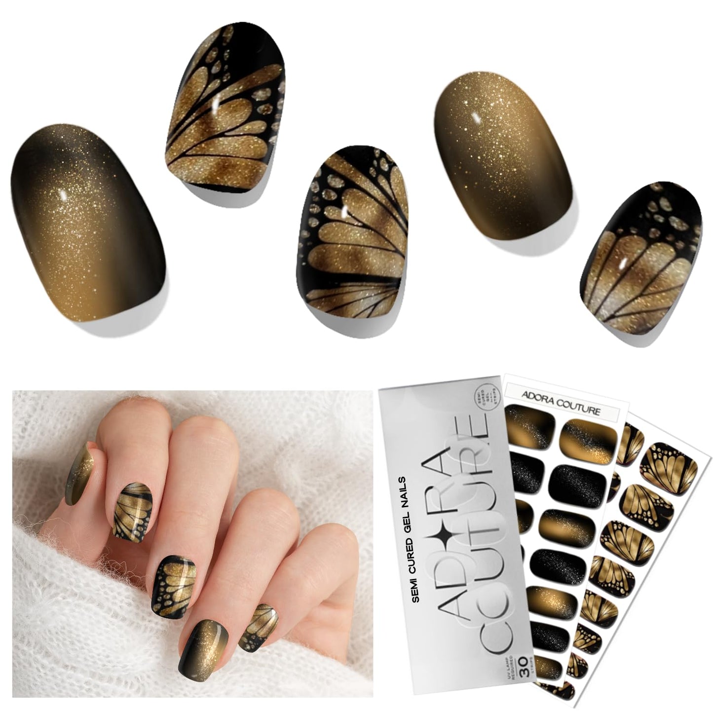 Semi Cured Gel Nail Strips with 30 Pieces–UV Gel Nail Stickers & Nail Wraps, Complete Manicure Kit Includes Prep Pads, Nail File and Wooden Stick, Easy Application, UV Light Required (Golden Flutter)