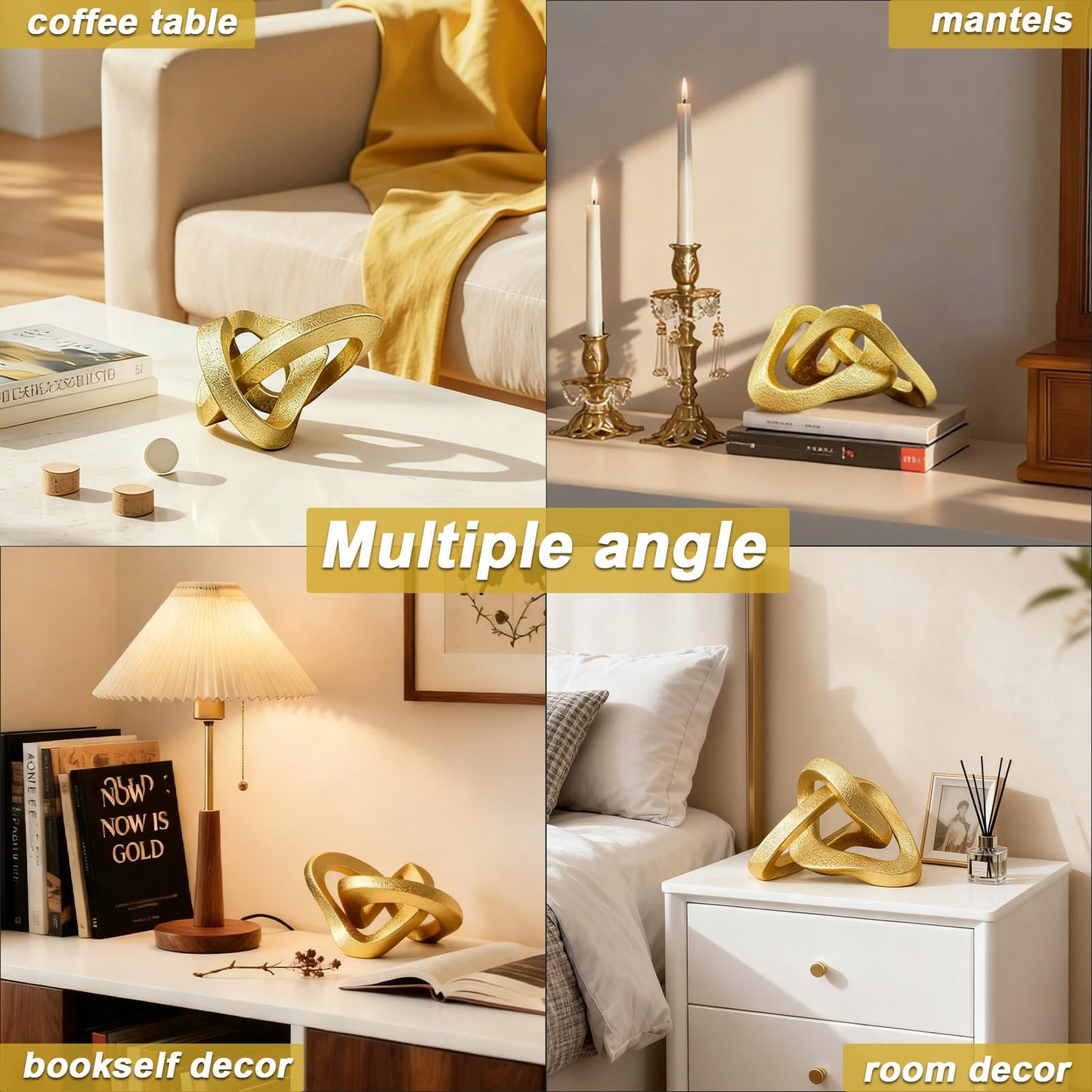 MOYI Gold Knot Statue for Christmas Decor Gold Tabletop Home Decor, Modern Geometric Sculptures Accent Decor for Living Room Bedroom Office Coffee Table Bookshelf Mantle Decorations Gifts