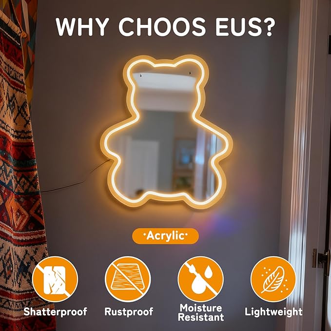 Bear Neon Light Mirror, Adorable Dimmable Acrylic Wall Decor with Warm White Glow, USB Powered Shatterproof Mirror for Girls, Kids Room