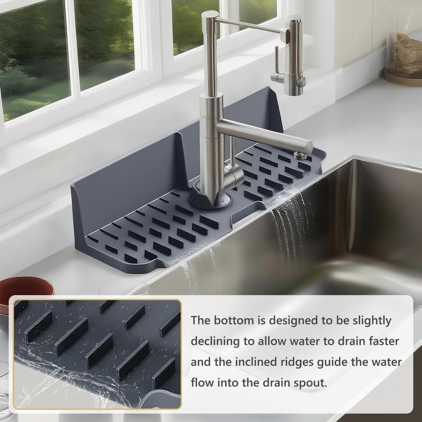 DAECHAO Sink Splash Guard Behind Faucet, Silicone Sink Faucet Drying Mat & Dish Soap Sponge Holder, 17" x 5.5" Silicone Kitchen Sink Auto Drain Organizer (Grey)