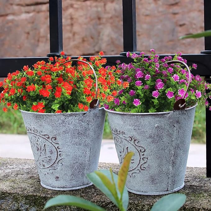RECUTMS Artificial Flowers Outdoor UV Resistant Fake Plants Indoor Outside Hanging Planter, 12 Bundles Outdoor Fake Flowers UV Resistant Faux Plastic Plants Garden Porch Window Box Décor（Fuchsia）