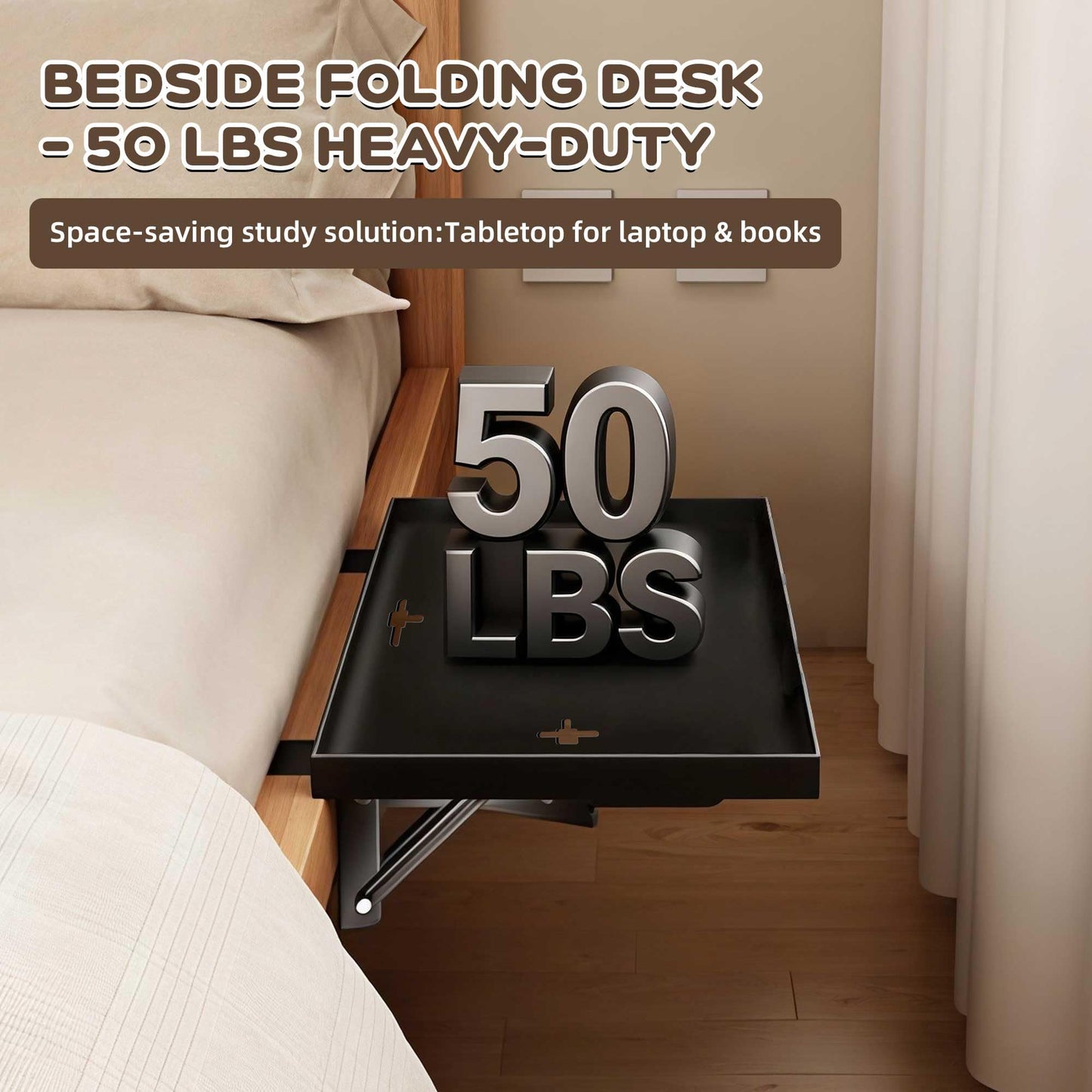 FelRelWel Foldable Bedside Shelf, Extra Large Floating Tray Table for Dorm Room & Bunk Bed, Side Table with 3 Cord Holes,College Dorm Room Essentials for Max 15.6" Laptops (15.7" x 11.8", Black)