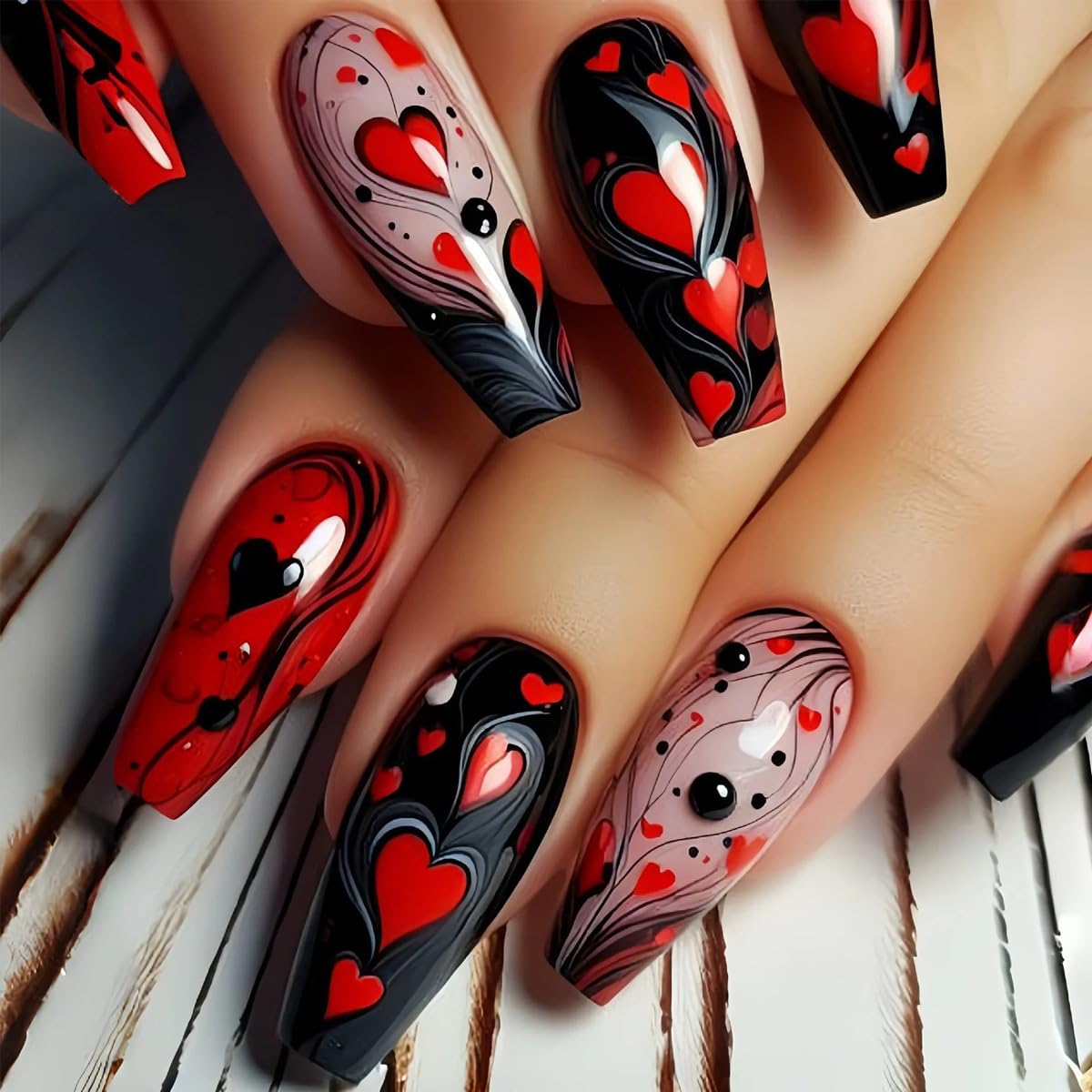 24Pcs Valentine Black Press on Nails Medium Coffin Heart Fake Nails Red Glossy Full Cover Acrylic Glue on Nails with Black Stripe False Nails Valentine Stick on Nails Holiday Nails for Women