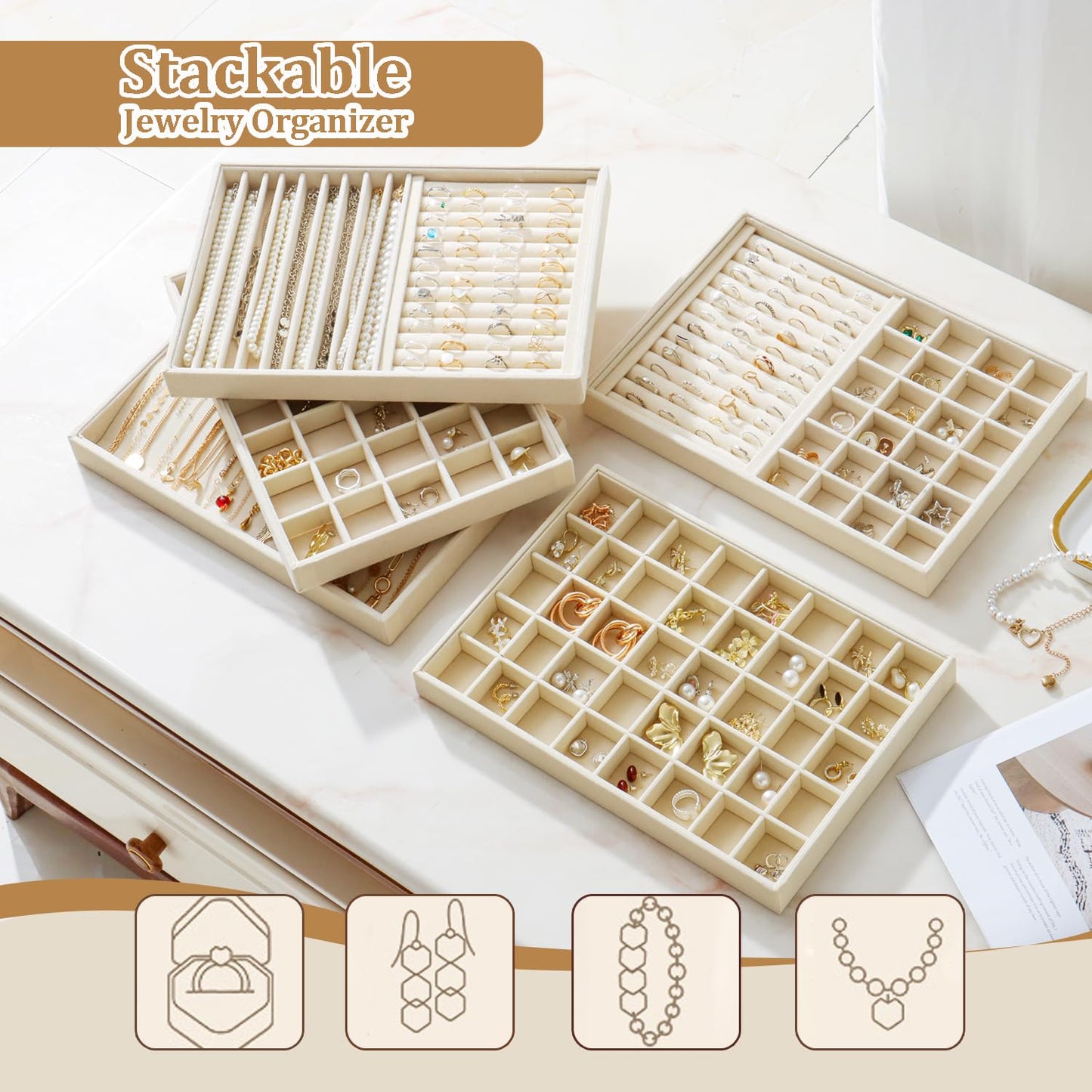 KATISYIO Large Jewelry Organizer for Drawer Insert Velvet Stackable Jewelry Trays for Earring Necklace Bracelet Ring Display (Beige, Ring and 9 Grids)